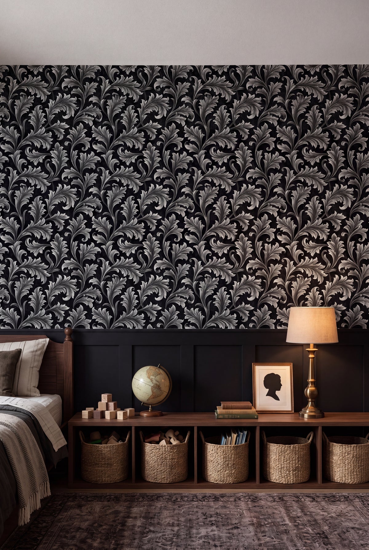 Pearl Frond wallpaper shown in a kids room