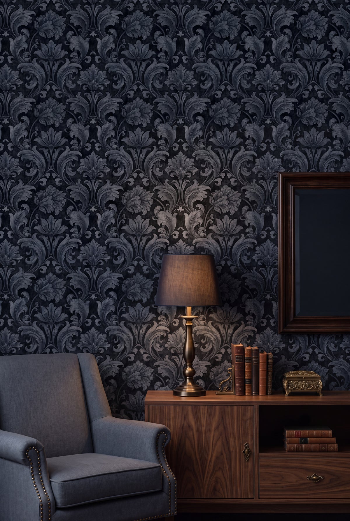 Slate Damask wallpaper shown in a living room