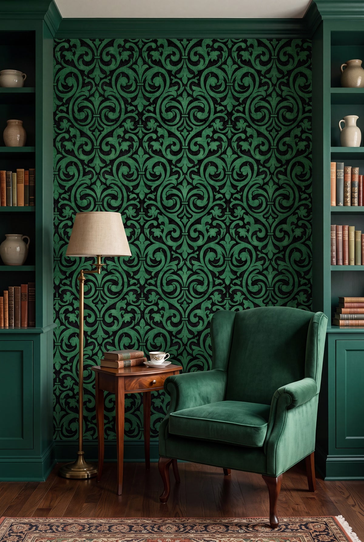 Emerald Fleur wallpaper shown in a reading nook