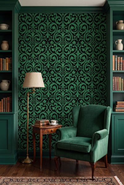 Emerald Fleur wallpaper shown in a reading nook