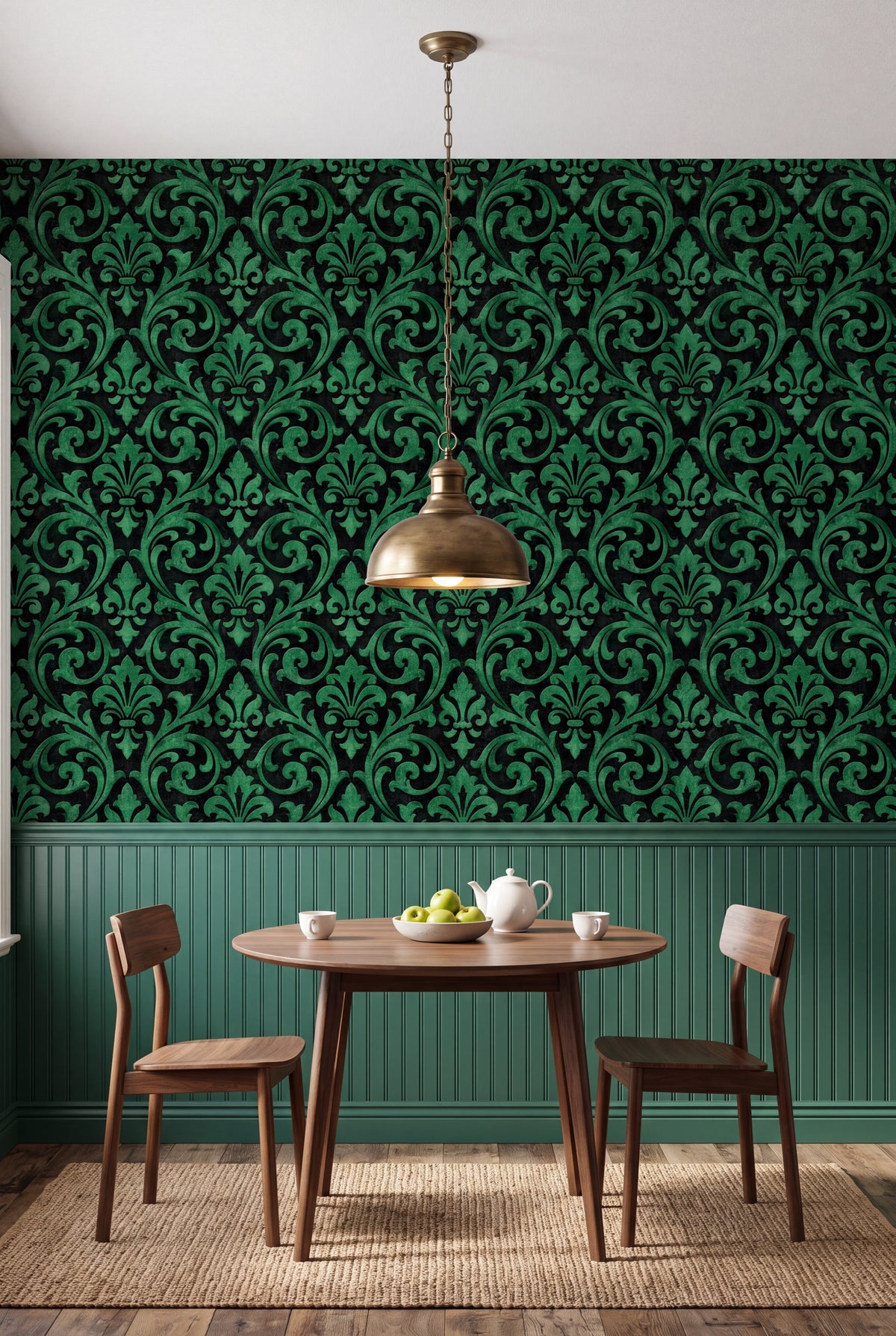 Jade Scrollwork wallpaper shown in a kitchen breakfast nook