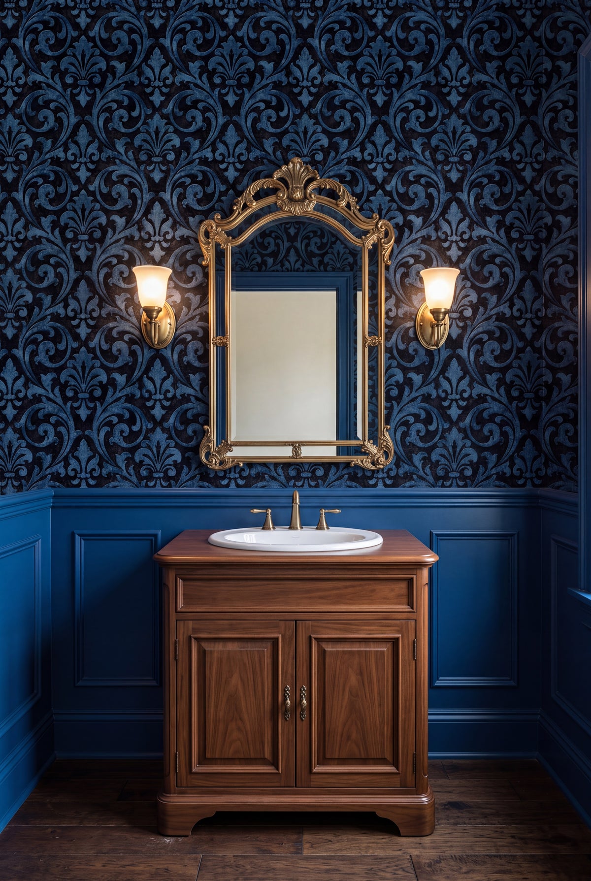 Cobalt Scrollwork wallpaper shown in a powder room