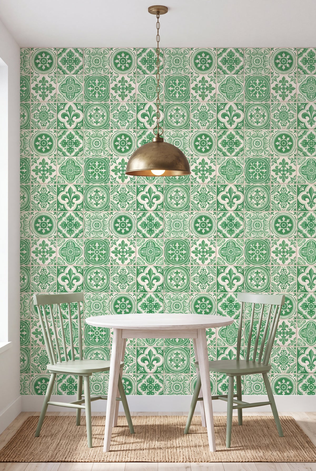 Lisbon Verde wallpaper shown in a kitchen breakfast nook