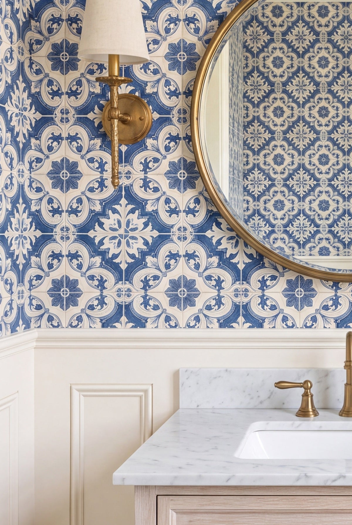 Porto Blue wallpaper shown in a powder room