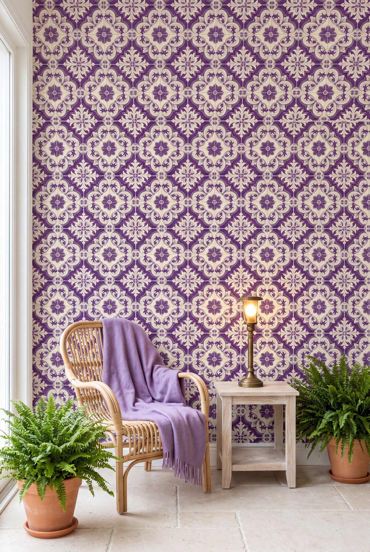 Porto Violet wallpaper shown in a sunroom