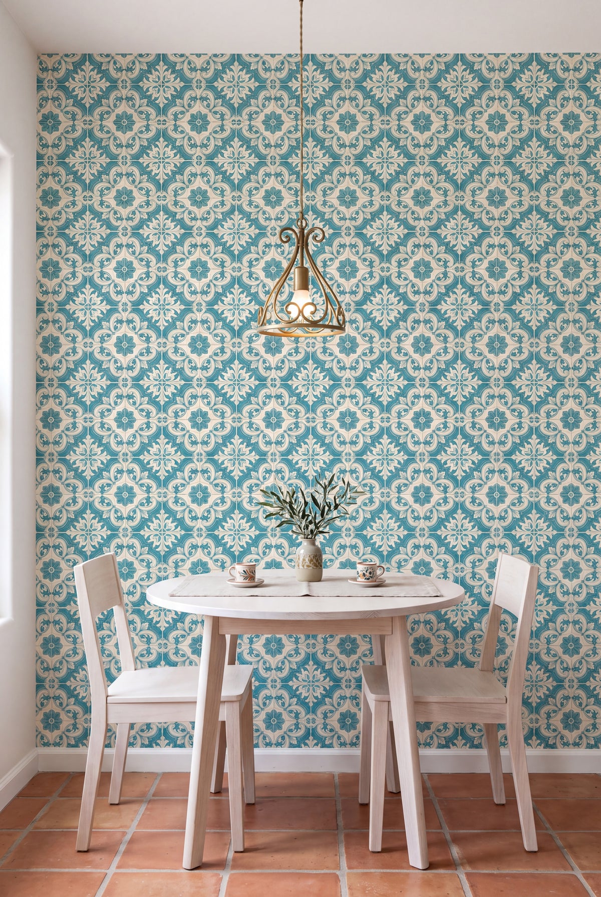 Porto Teal wallpaper shown in a kitchen breakfast nook