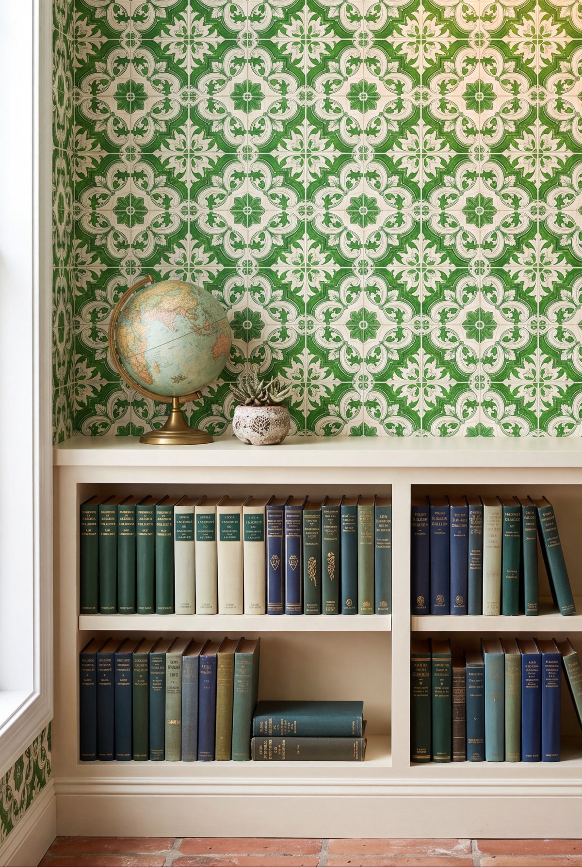 Porto Green wallpaper shown in a library