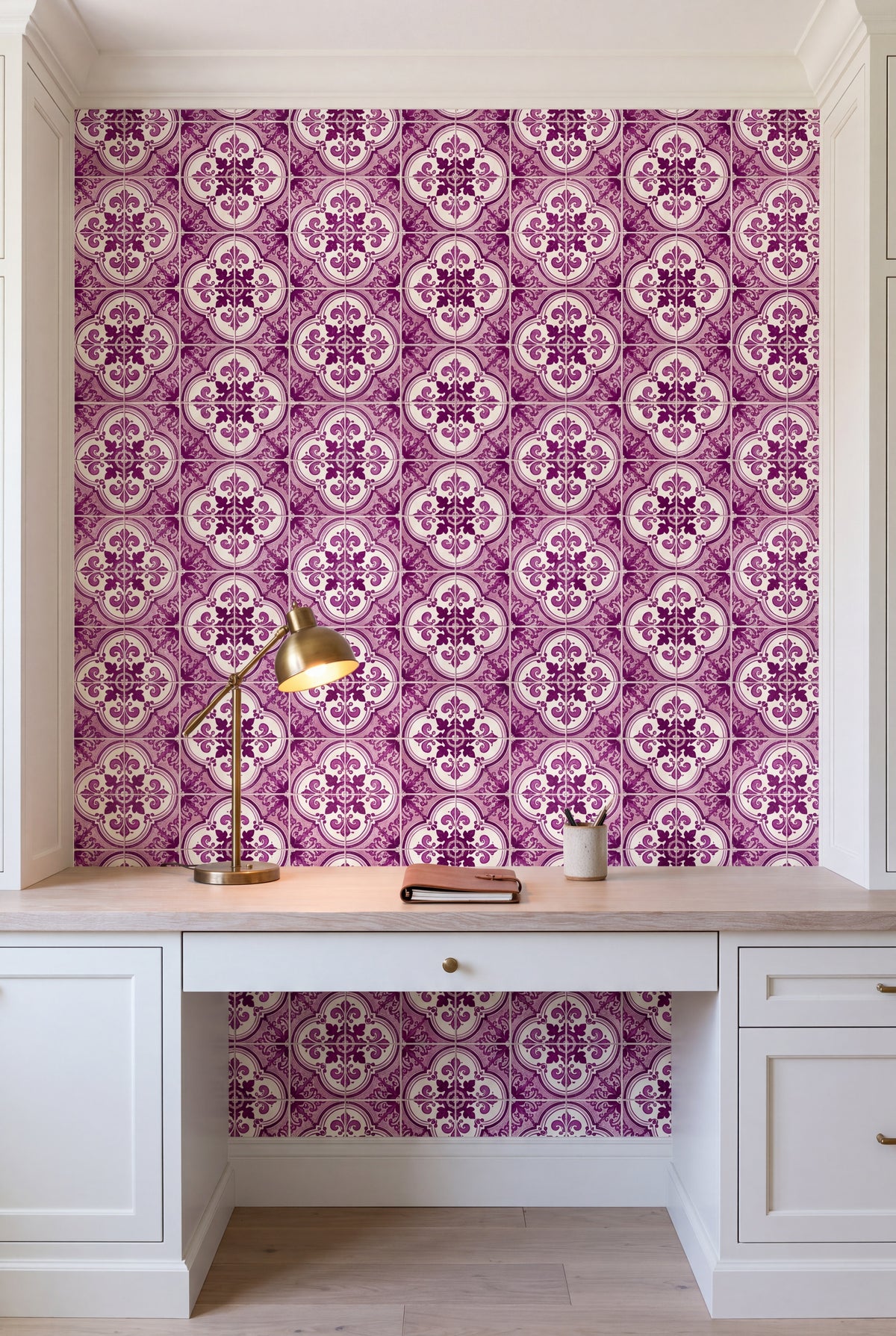 Sintra Plum wallpaper shown in a home office
