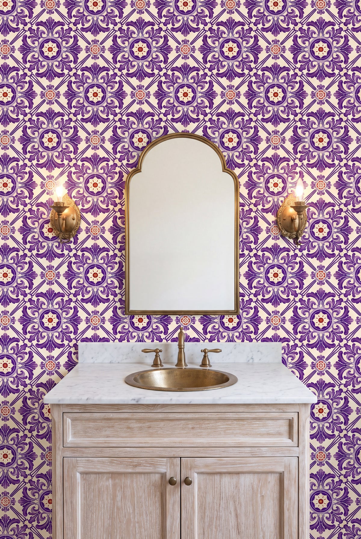 Coimbra Violet wallpaper shown in a powder room