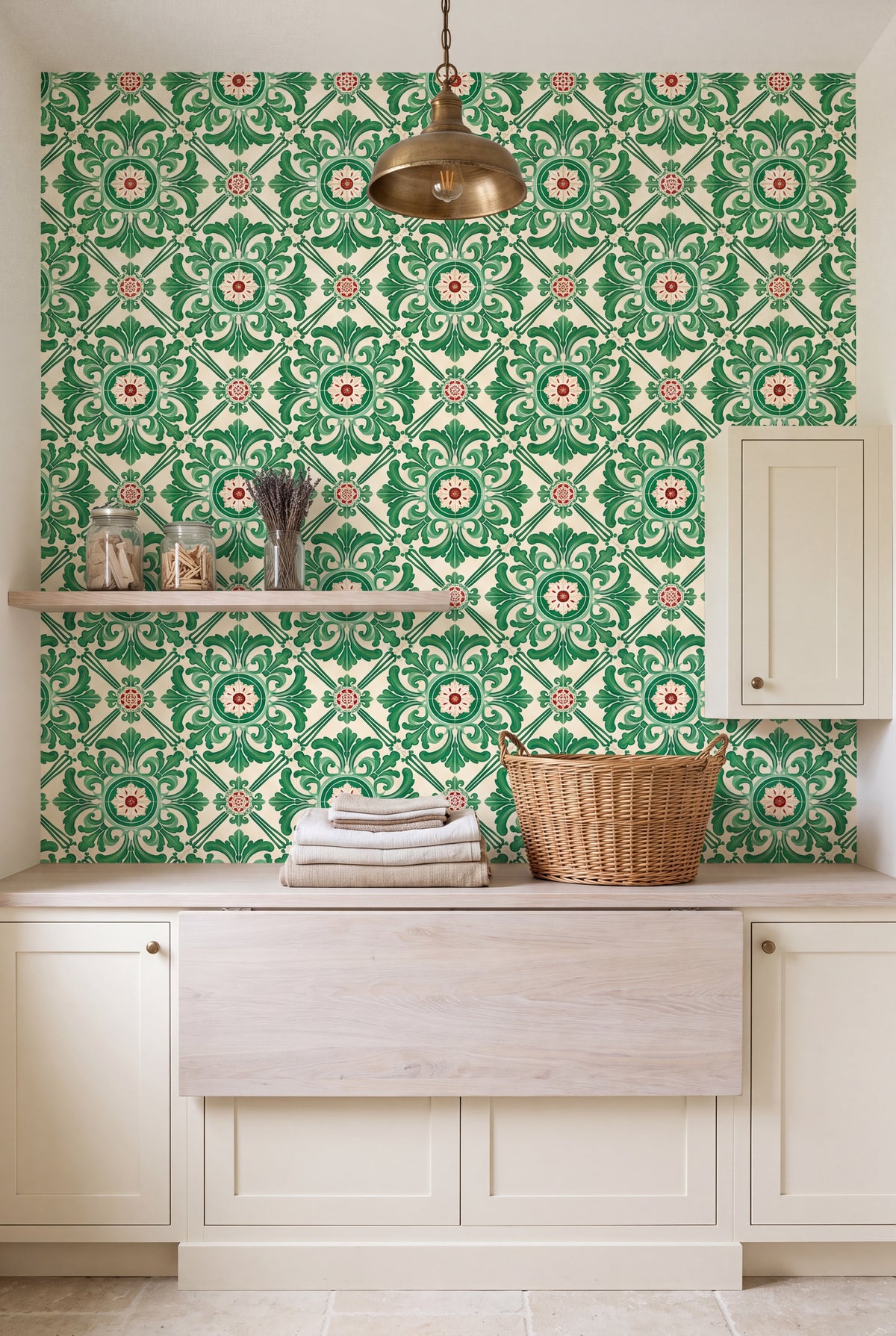 Coimbra Green wallpaper shown in a laundry room