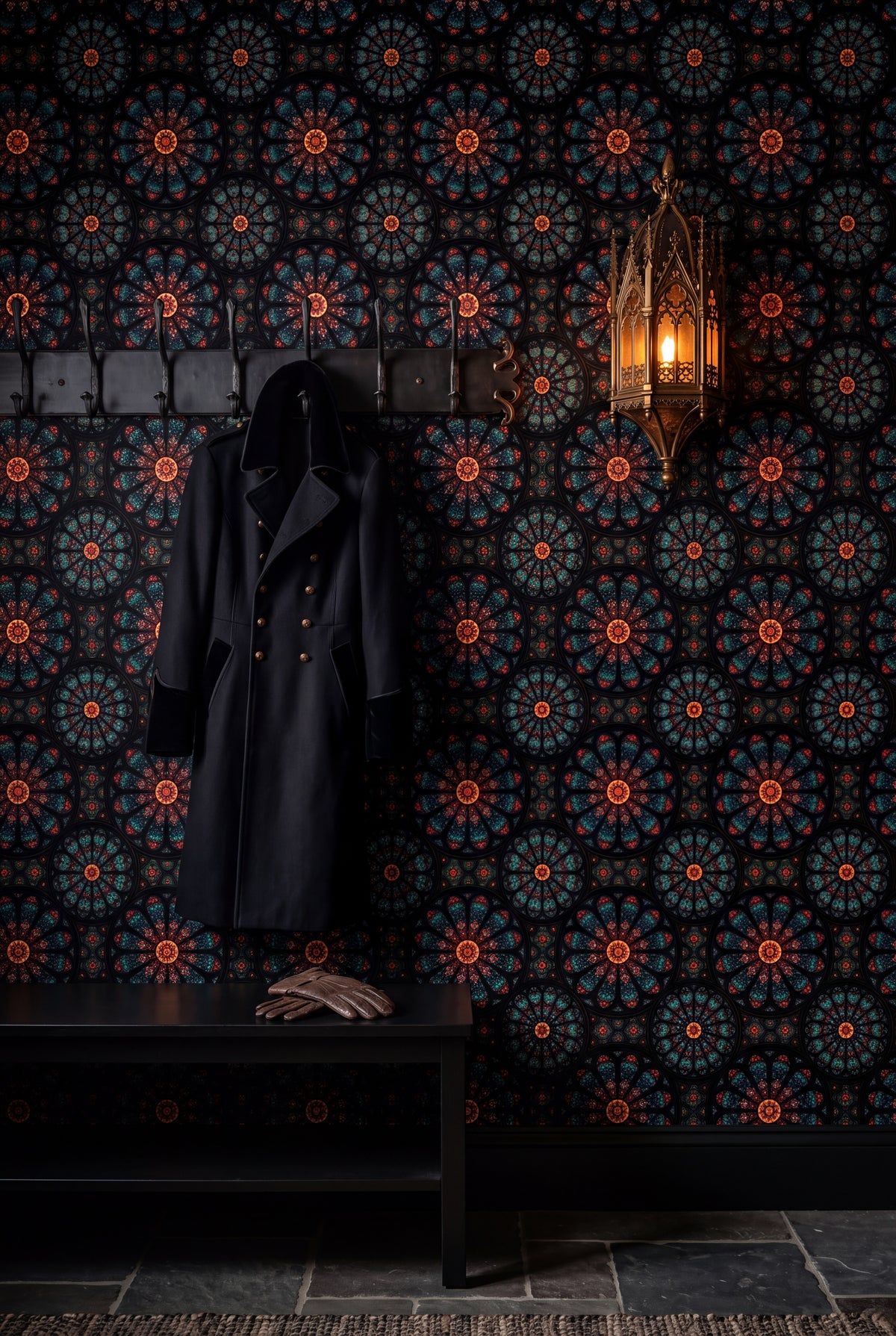 Vesper Rosette wallpaper shown in a mudroom