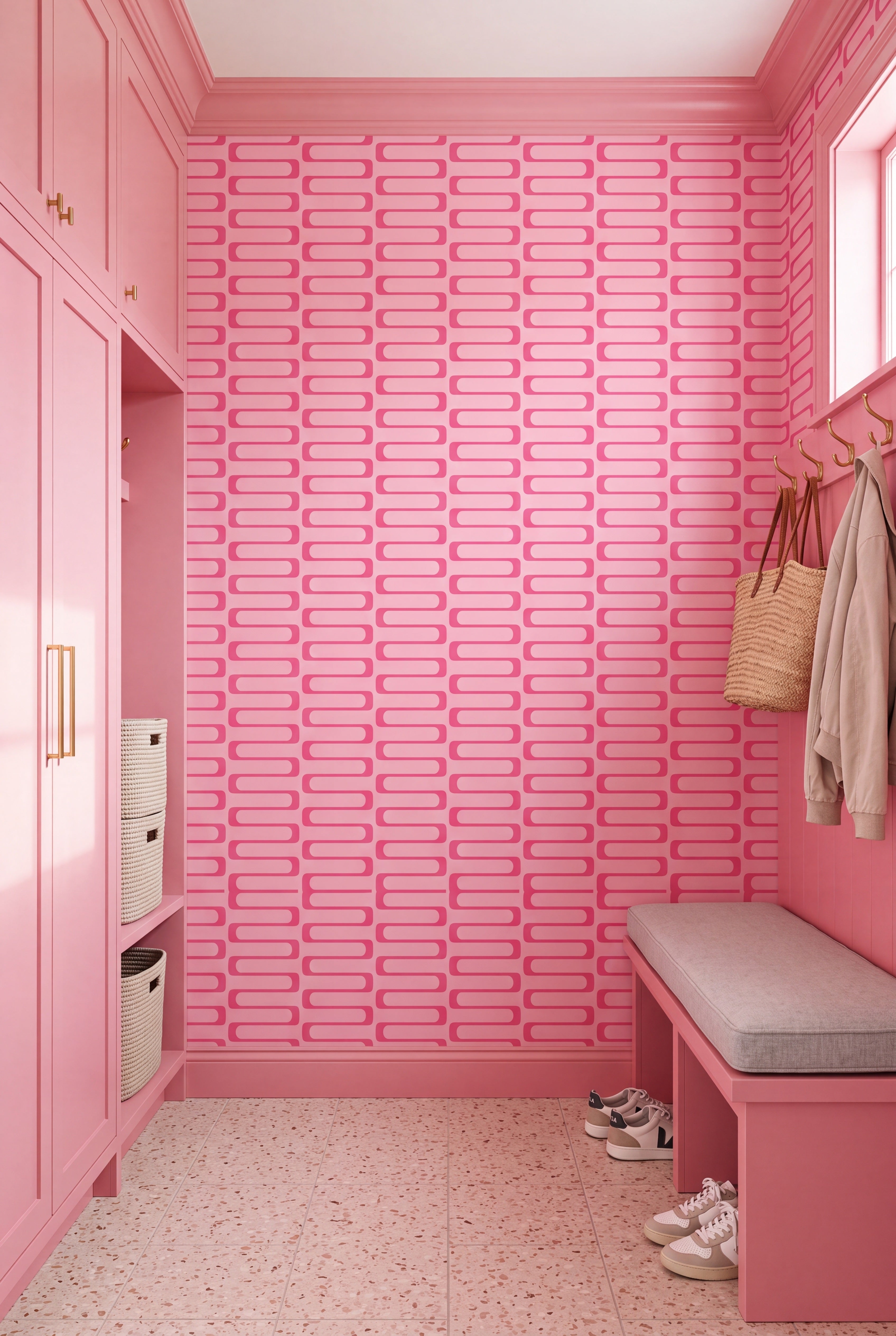 Palm Springs Pink wallpaper shown in a mudroom