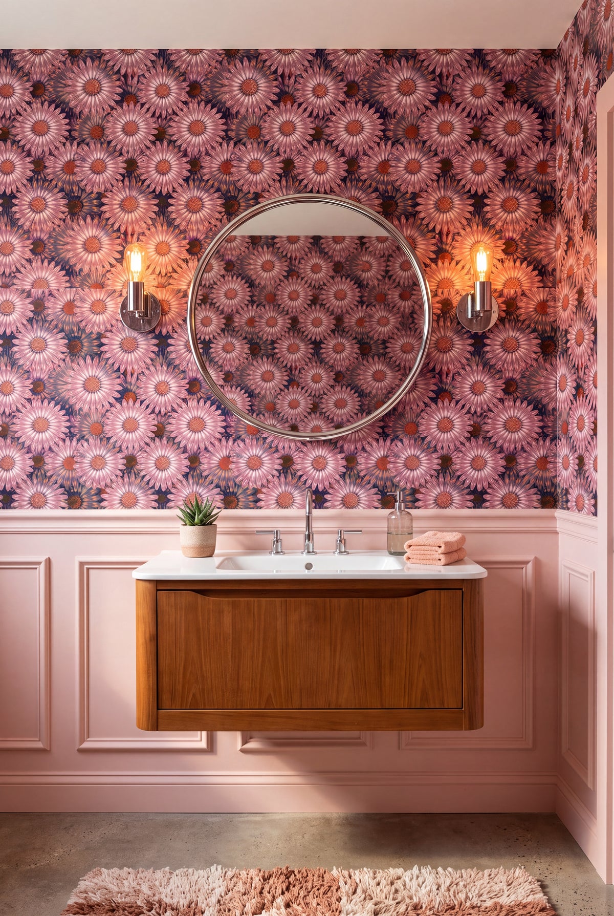 Blush Daisy wallpaper shown in a powder room