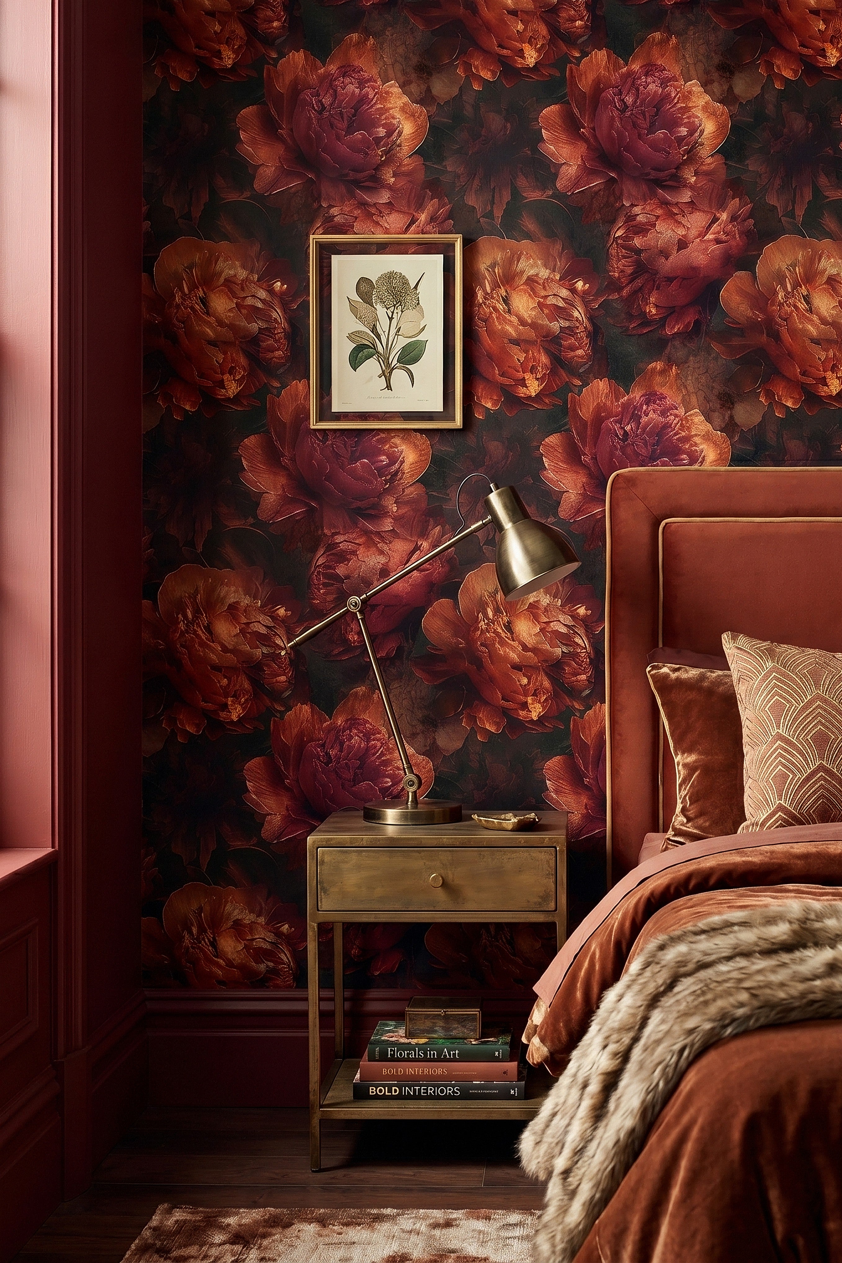 Velvet Peony wallpaper shown in a bedroom
