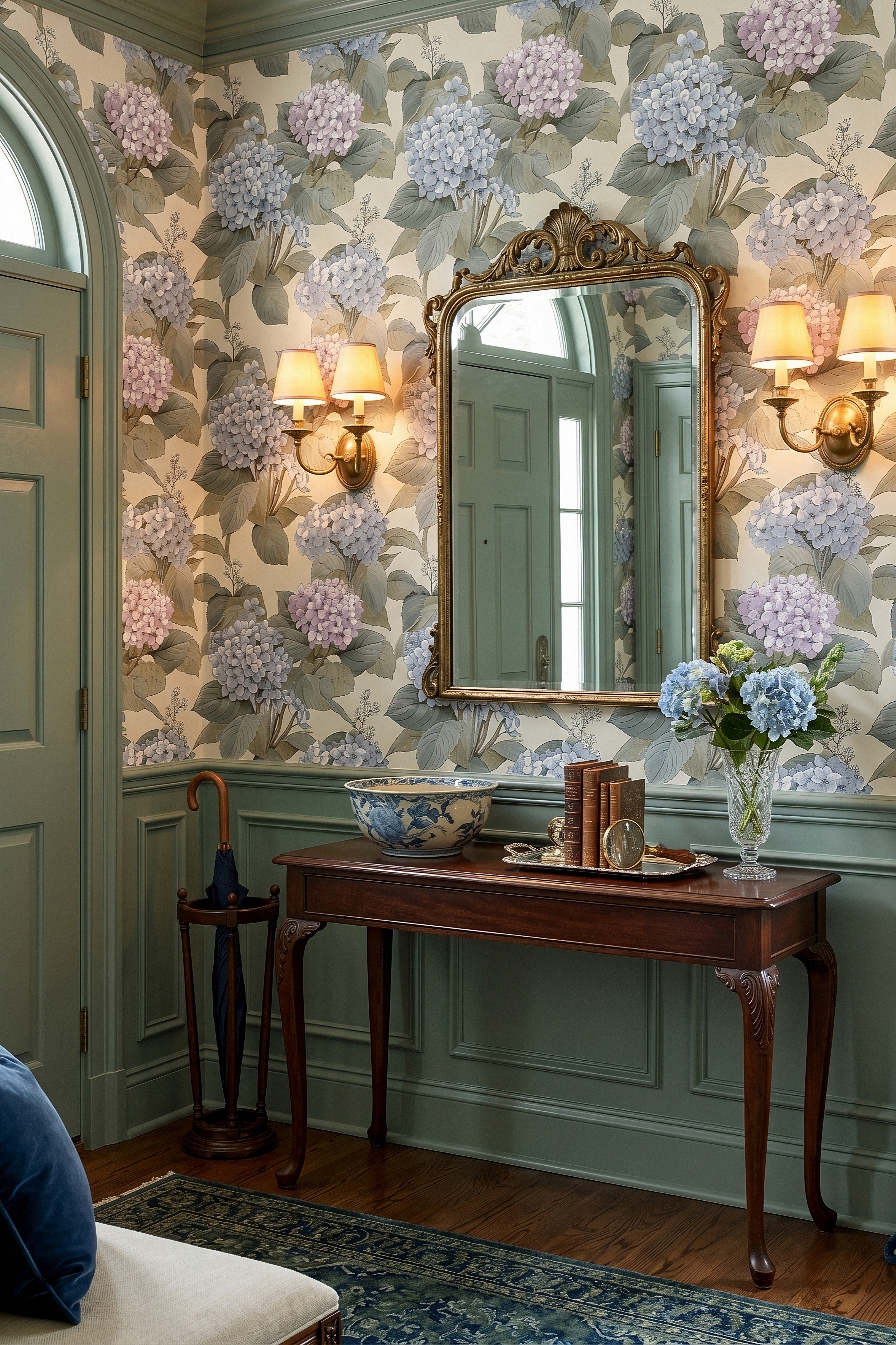 Hydrangea Lane wallpaper shown in an entryway