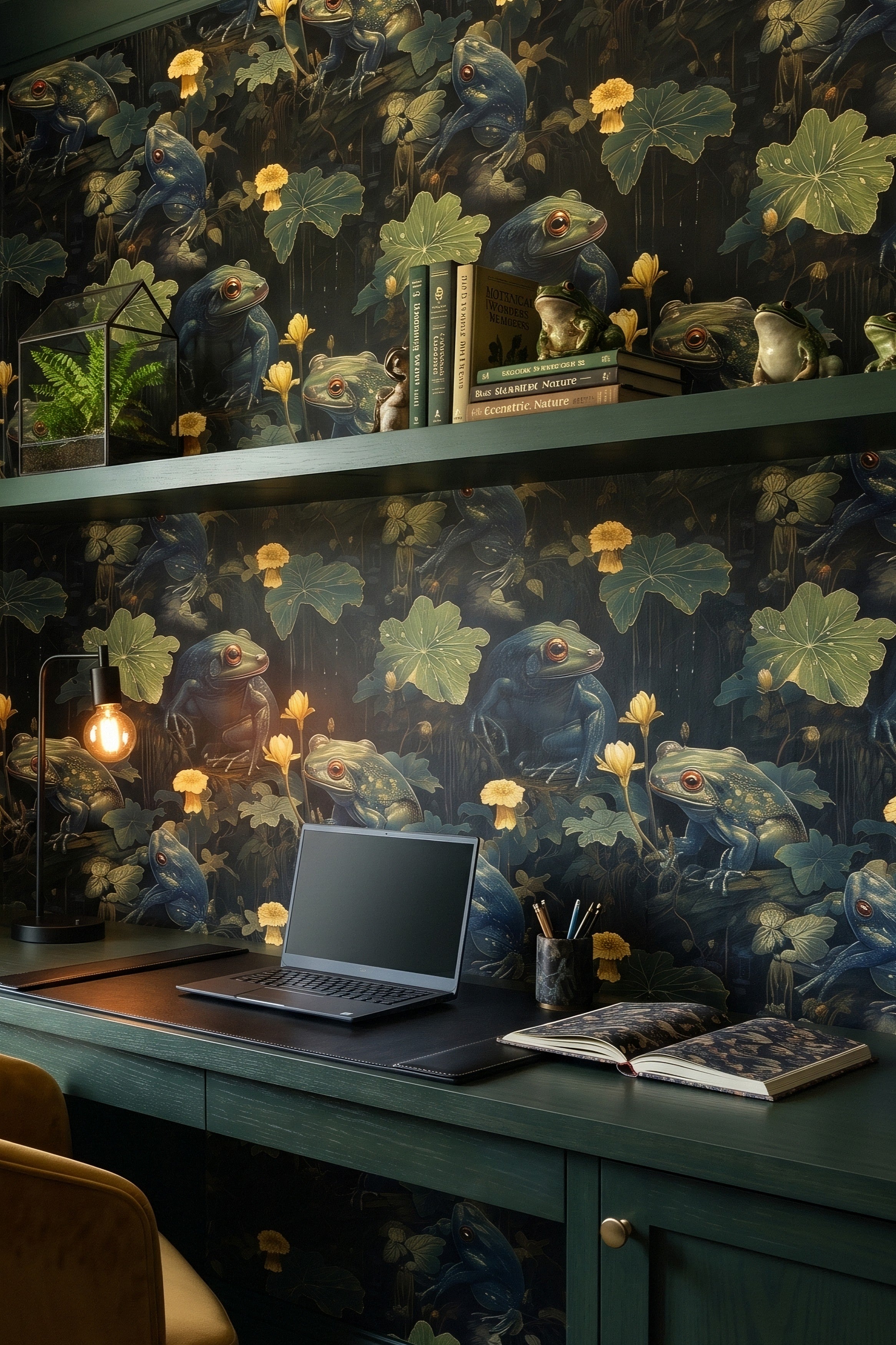 Pond Life wallpaper shown in a home office
