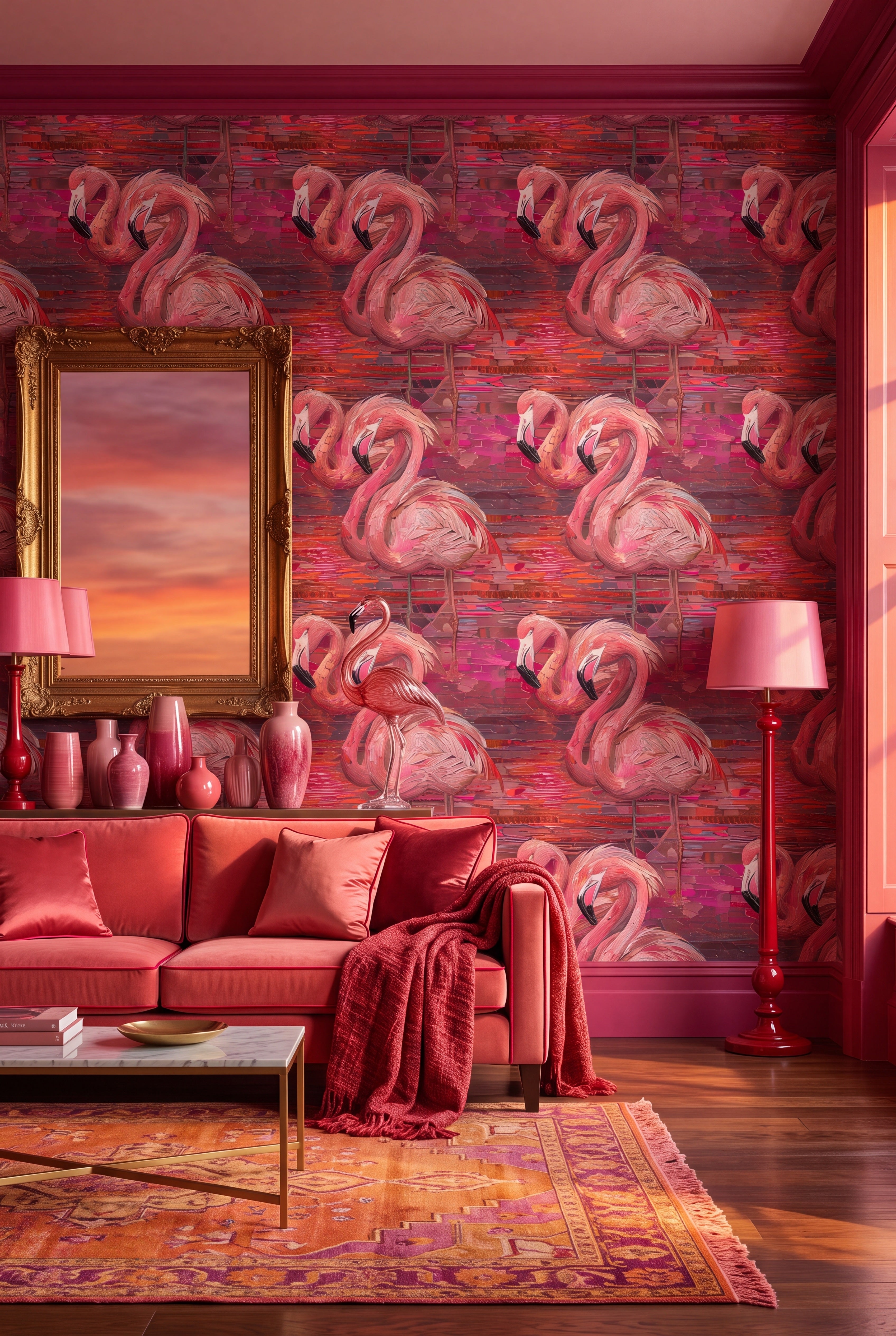 Flamingo Cabana wallpaper shown in a living room
