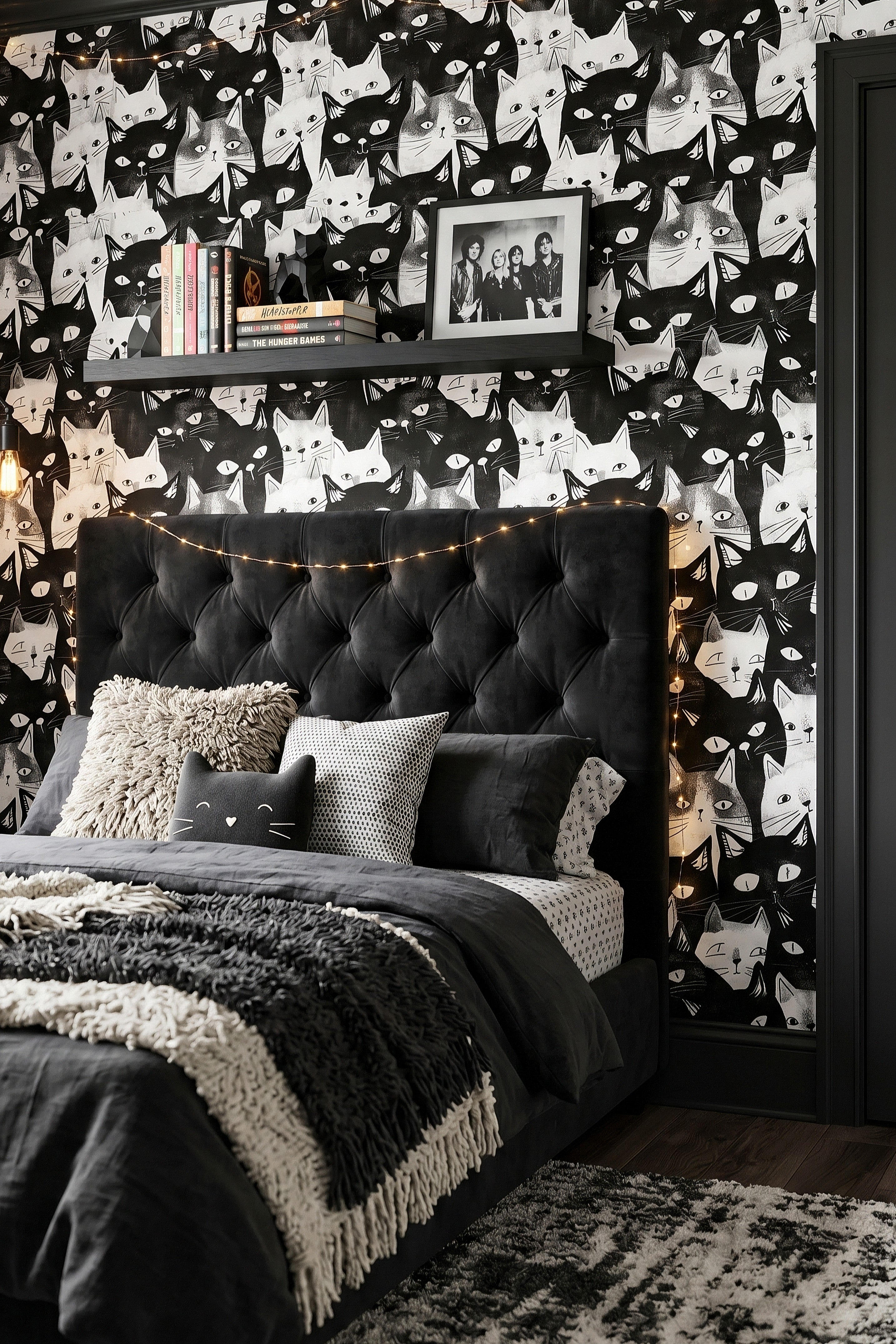Cat's Meow wallpaper shown in a bedroom