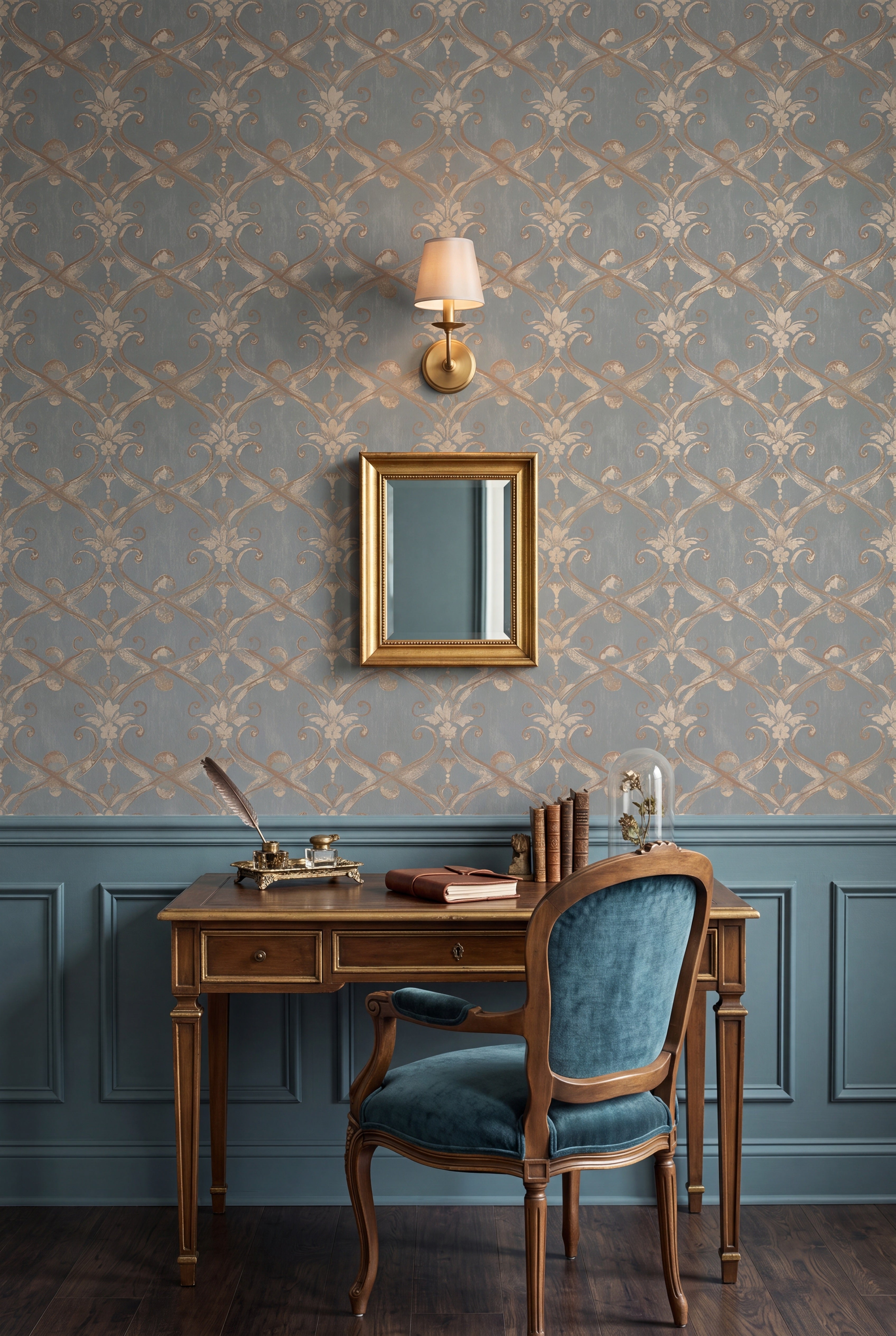 Grey Gables wallpaper shown in a home office