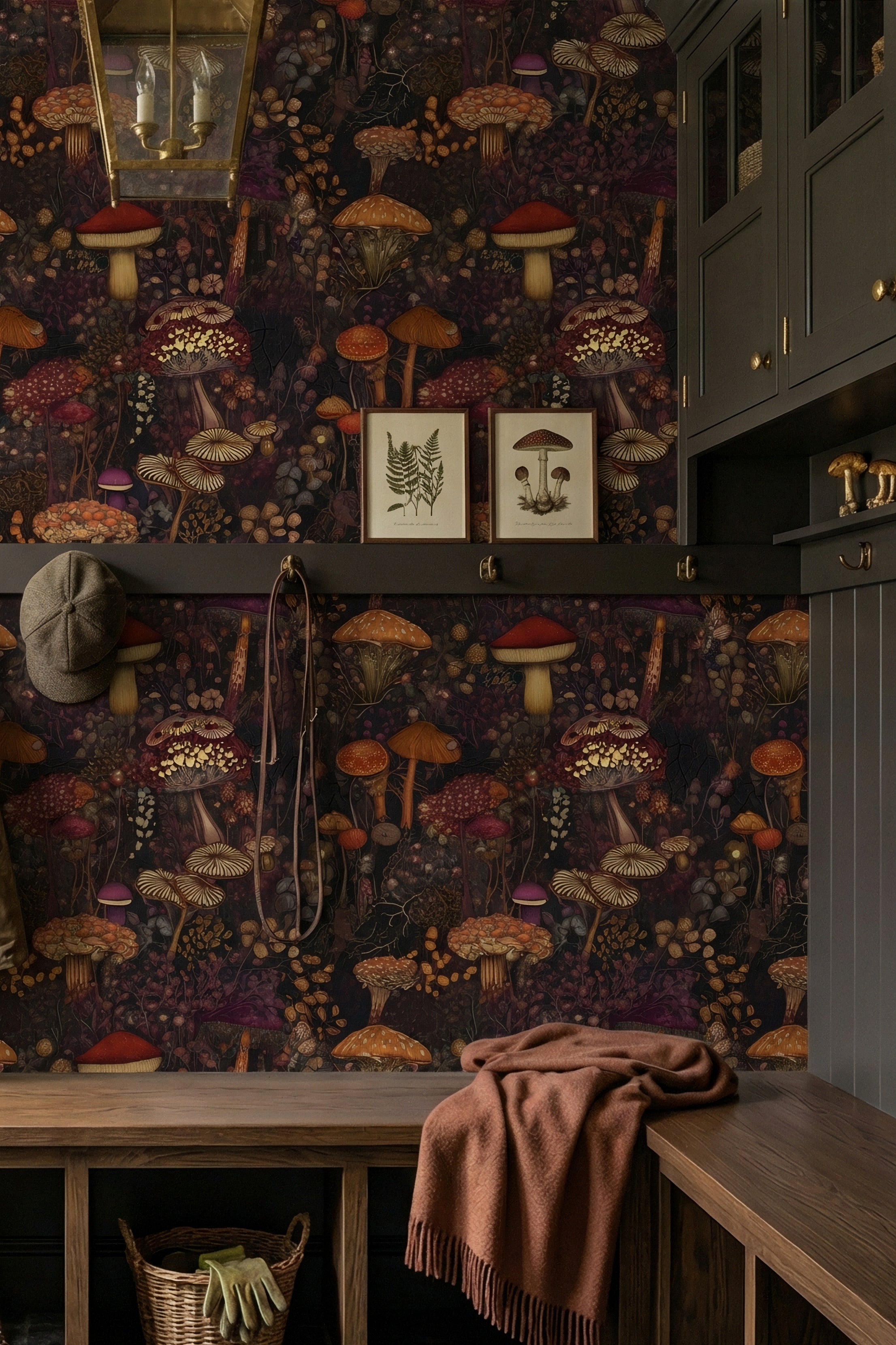 Midnight Forage wallpaper shown in a mudroom