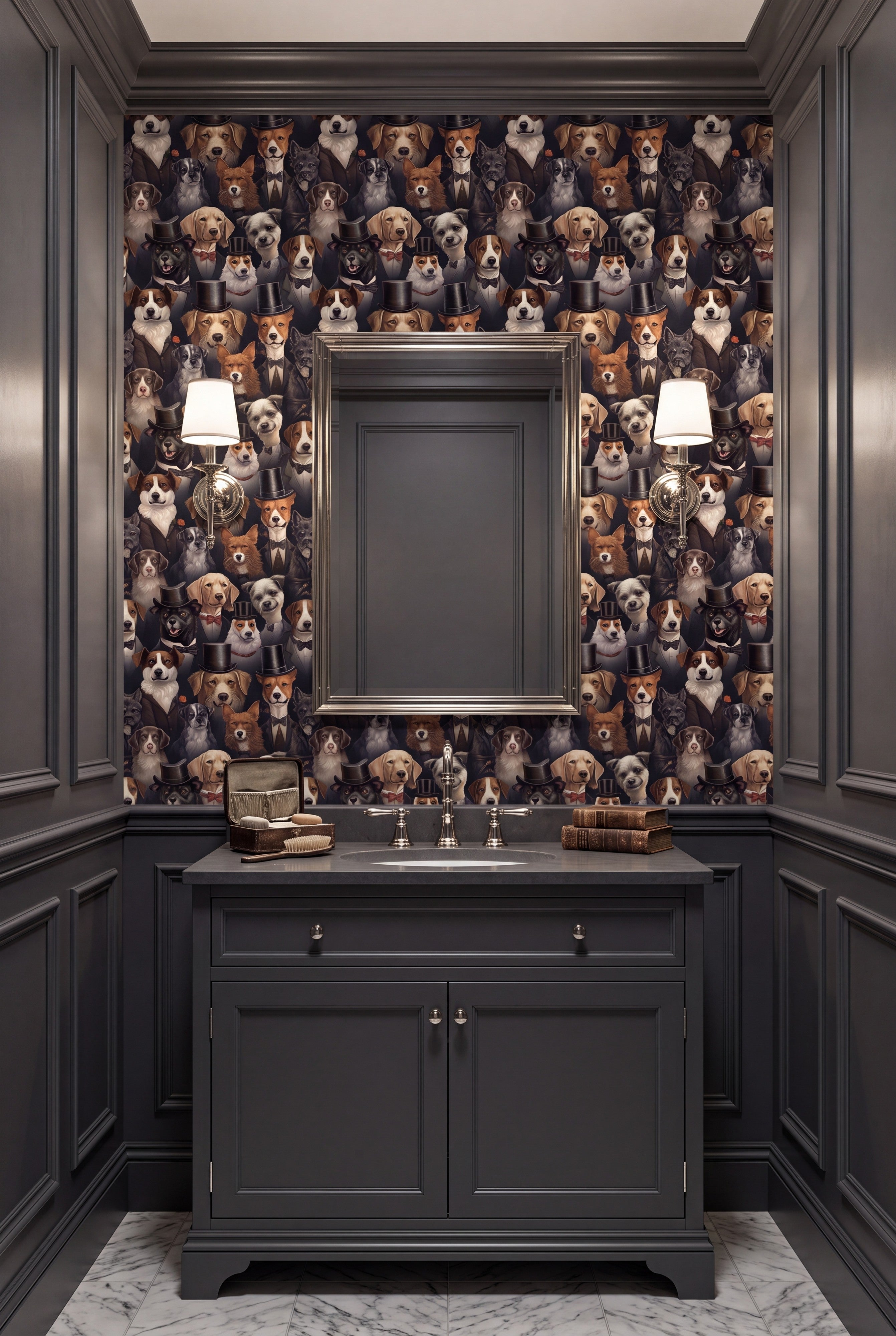 Hound Manor wallpaper shown in a powder room