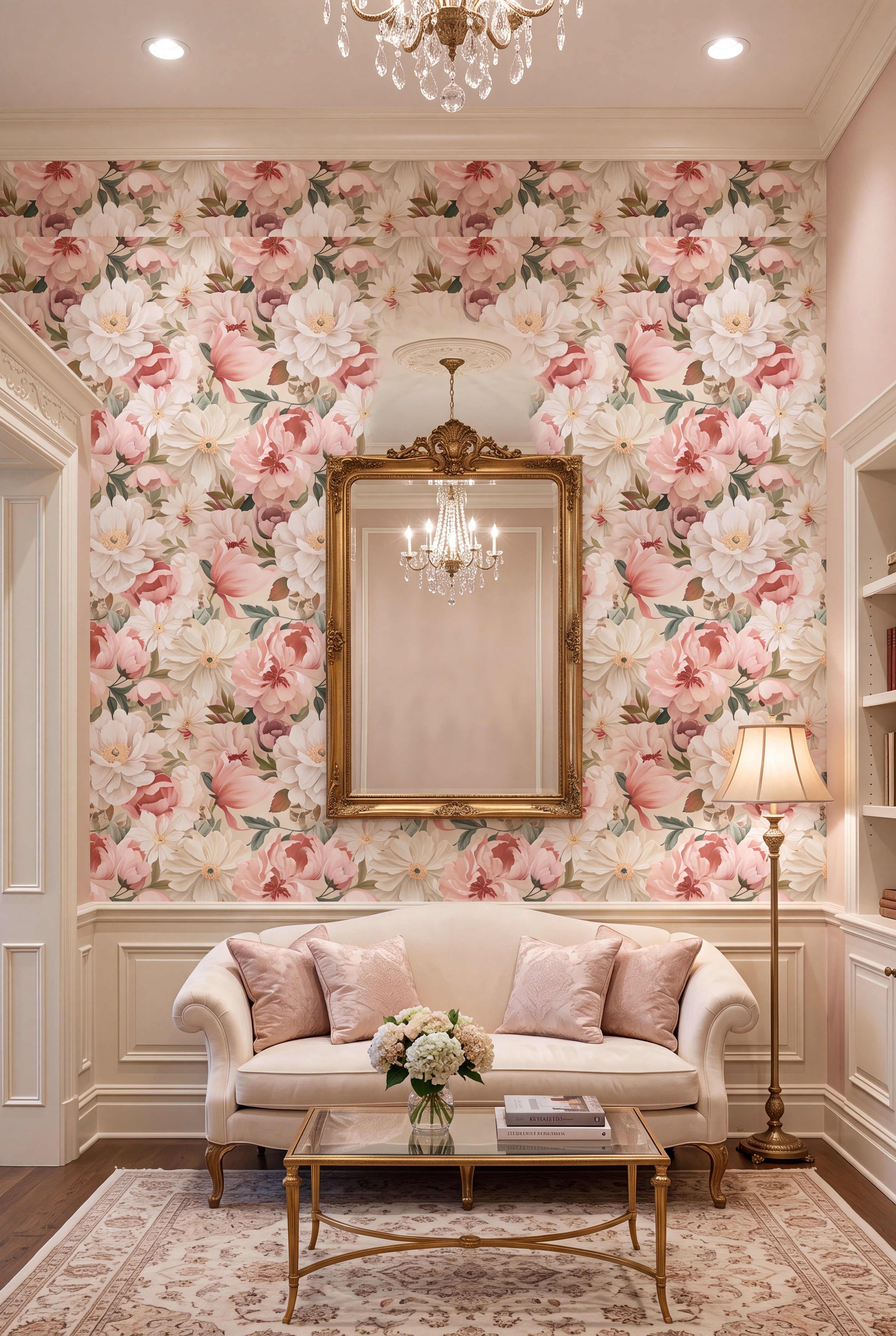 Moody Blush wallpaper shown in a living room