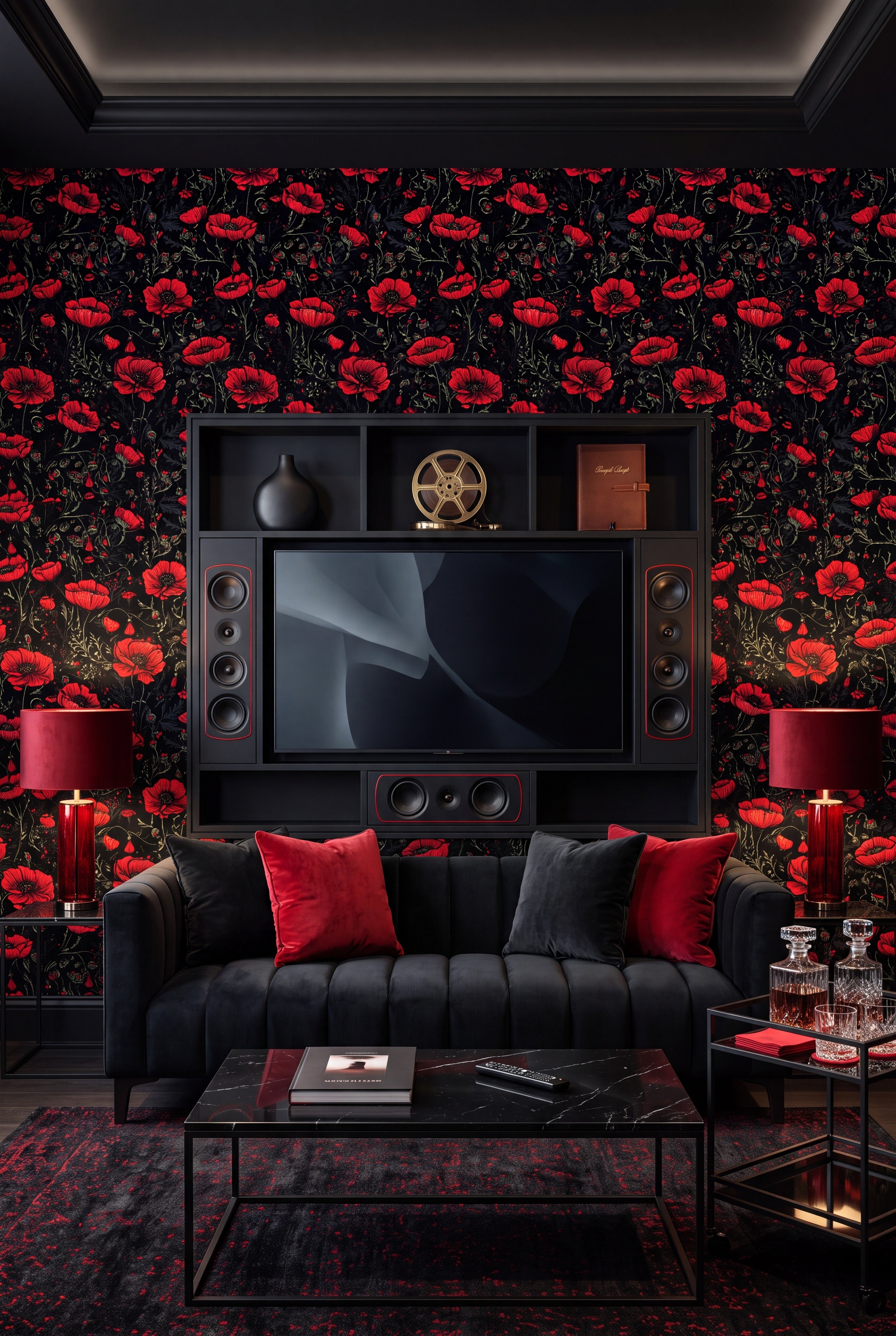 Shadow Bloom wallpaper shown in a media room