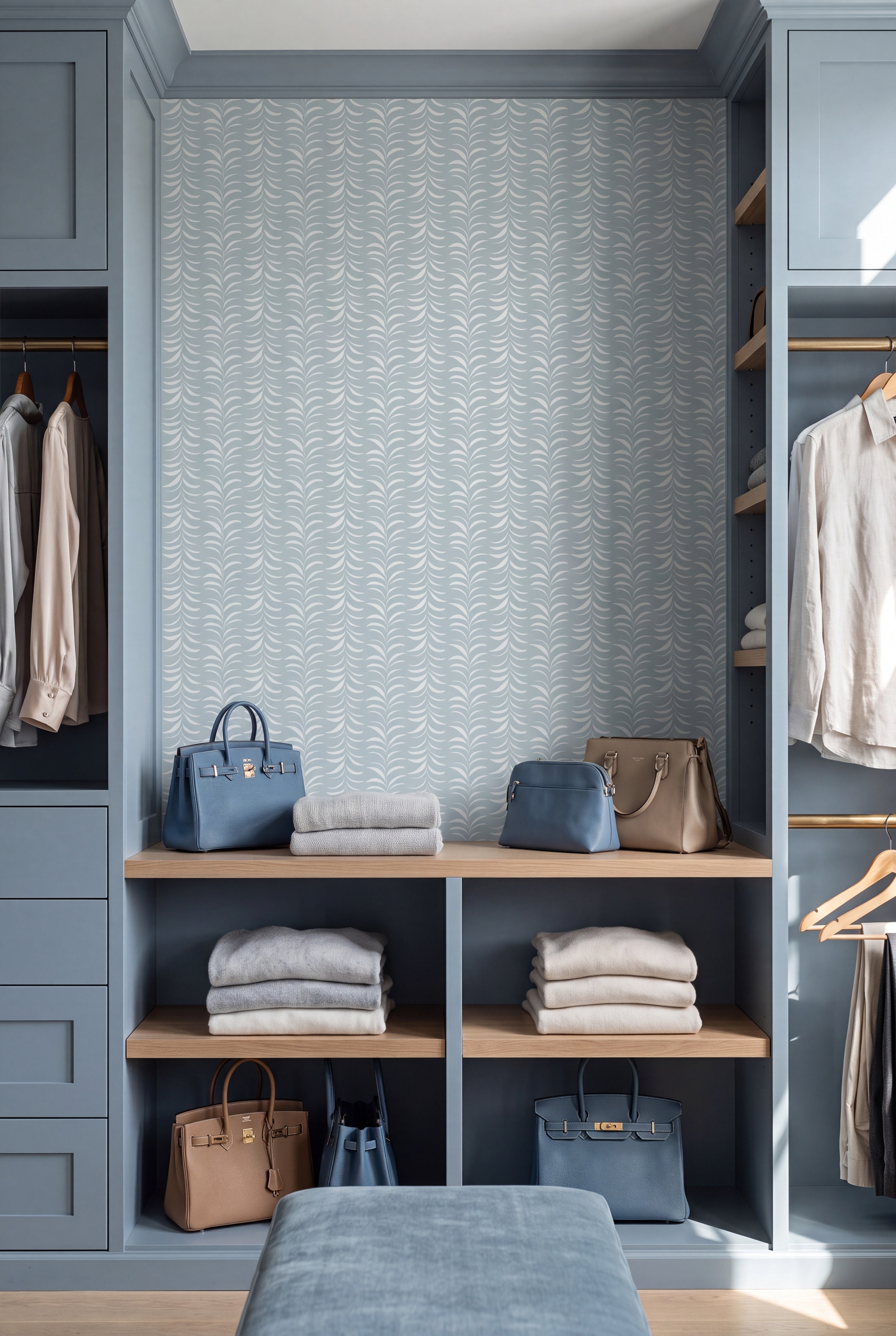 Pistachio Stripe wallpaper shown in a closet