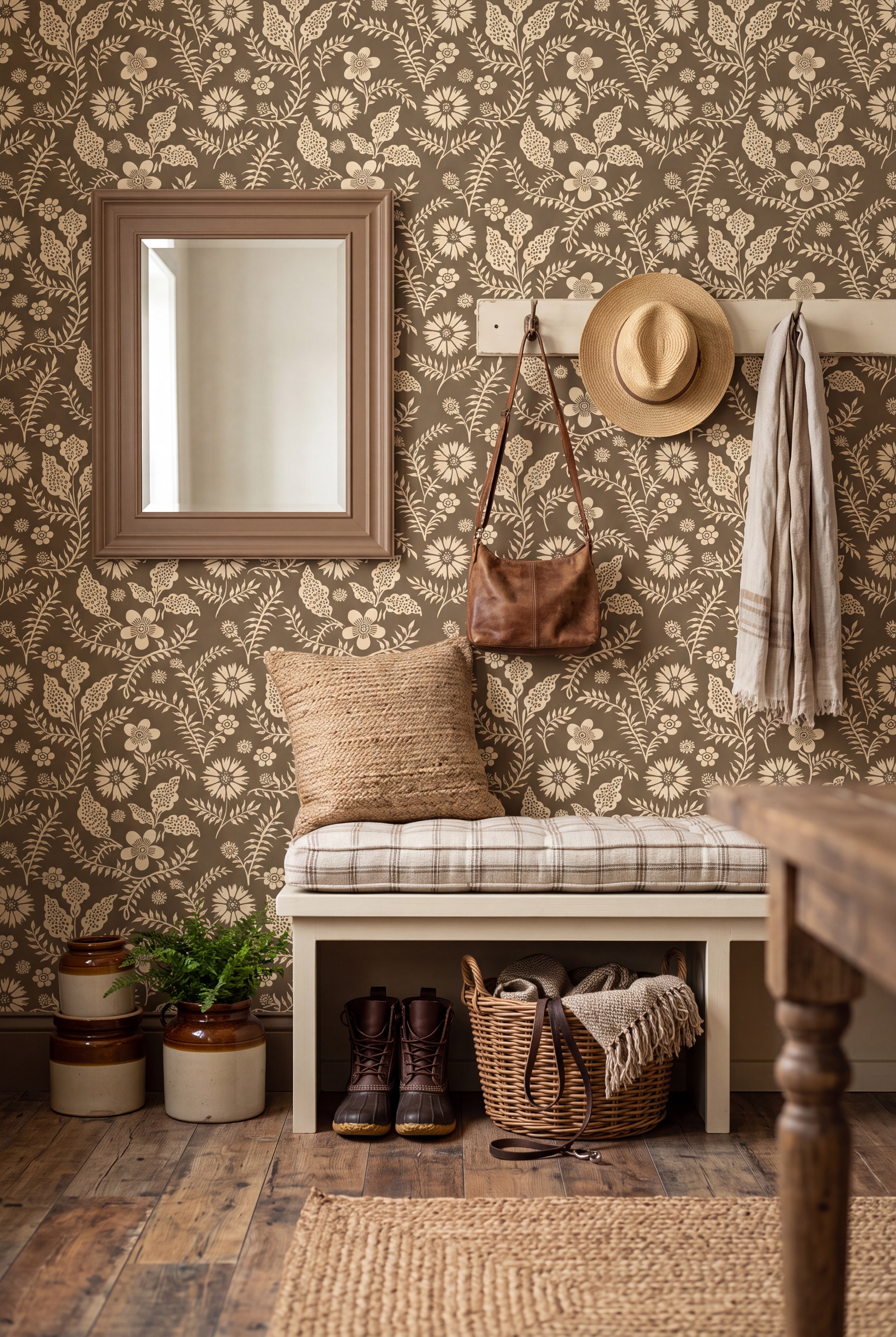 Nordic Bloom wallpaper shown in a mudroom