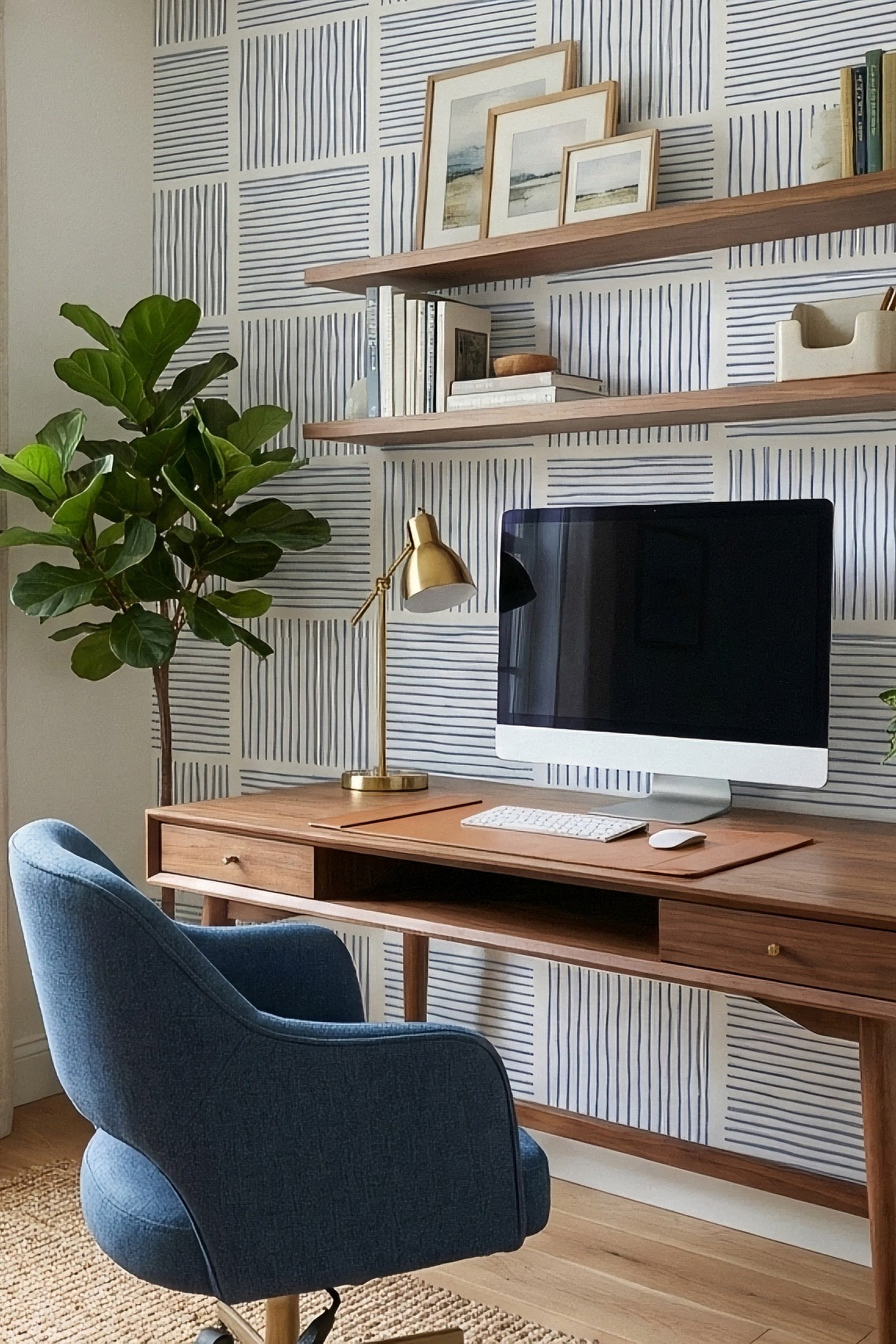 Boardwalk Stripe wallpaper shown in a home office