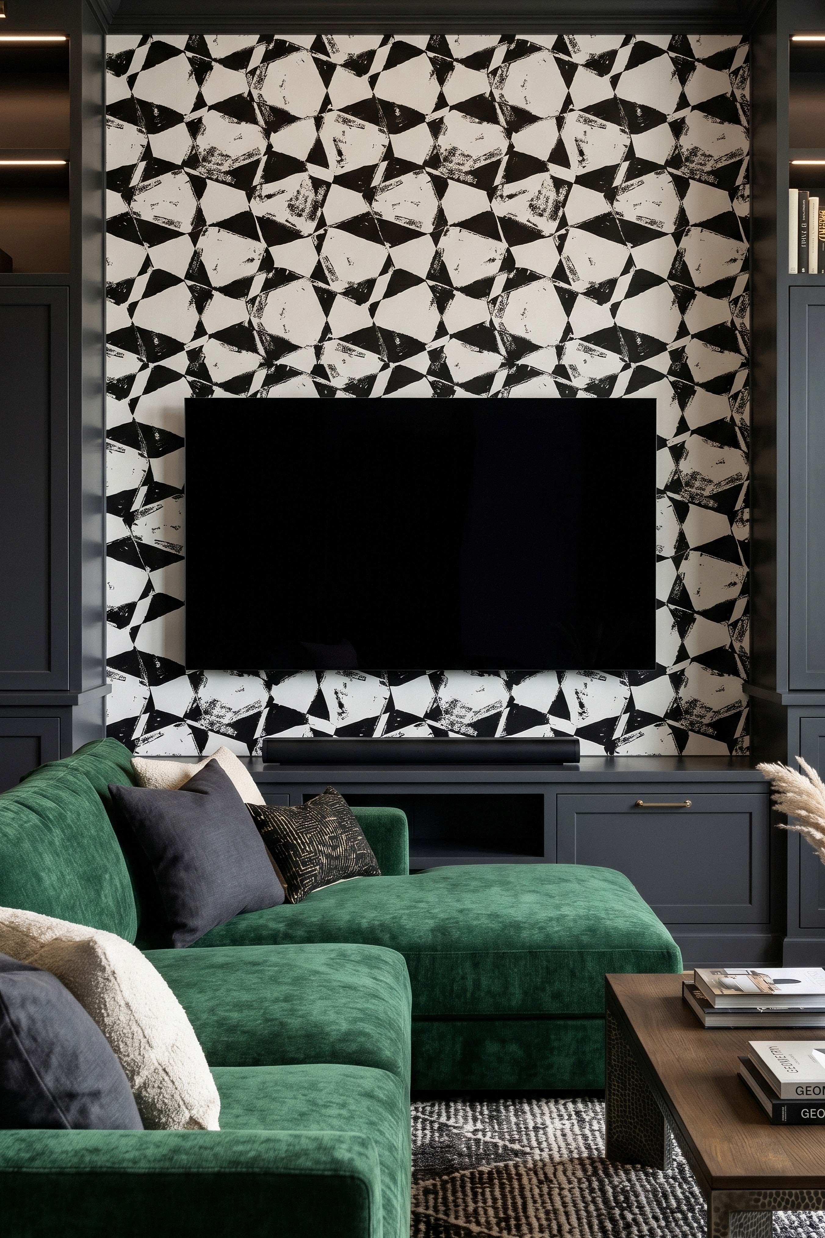 Scribble wallpaper shown in a media room
