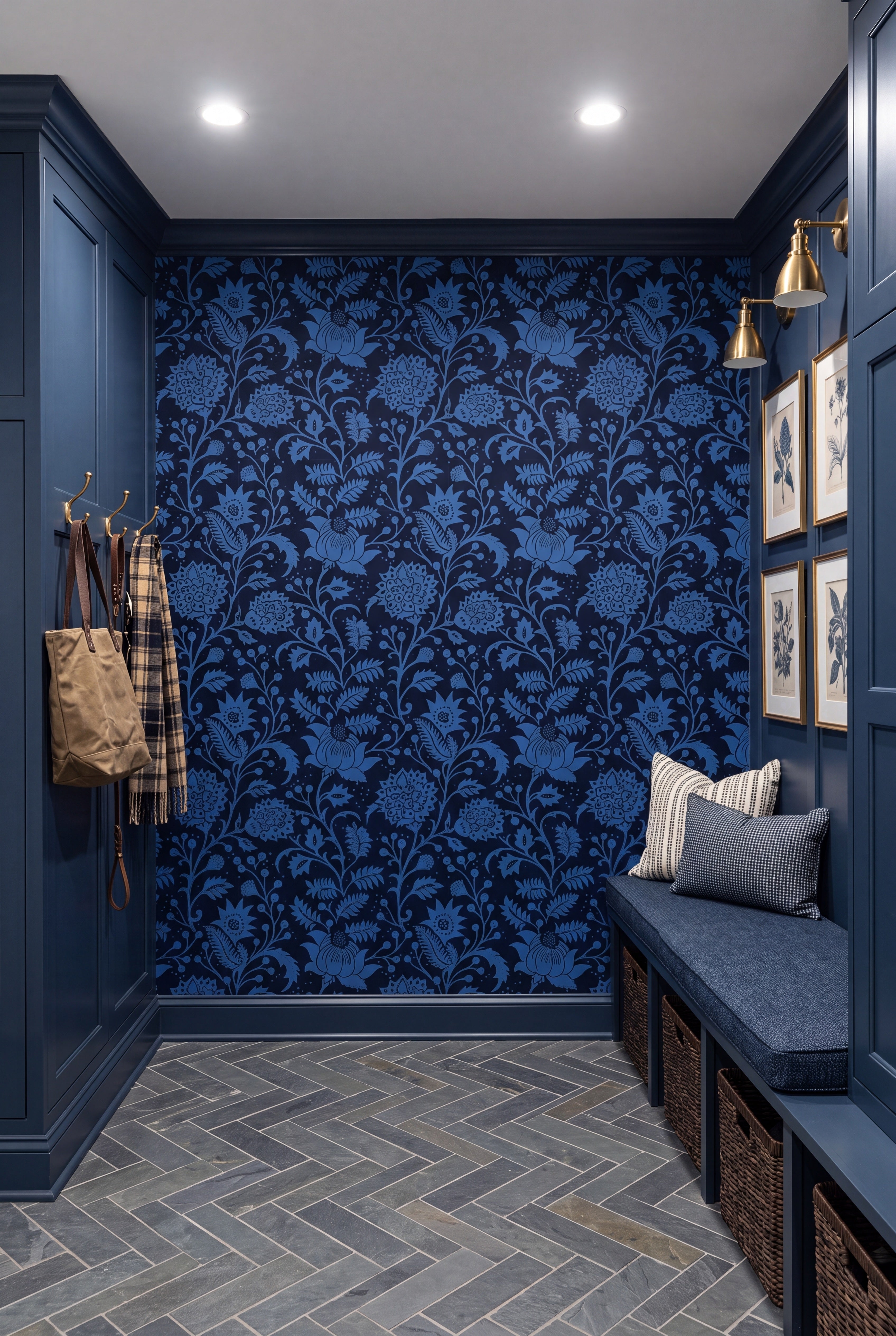 Baltic Bloom wallpaper shown in a mudroom