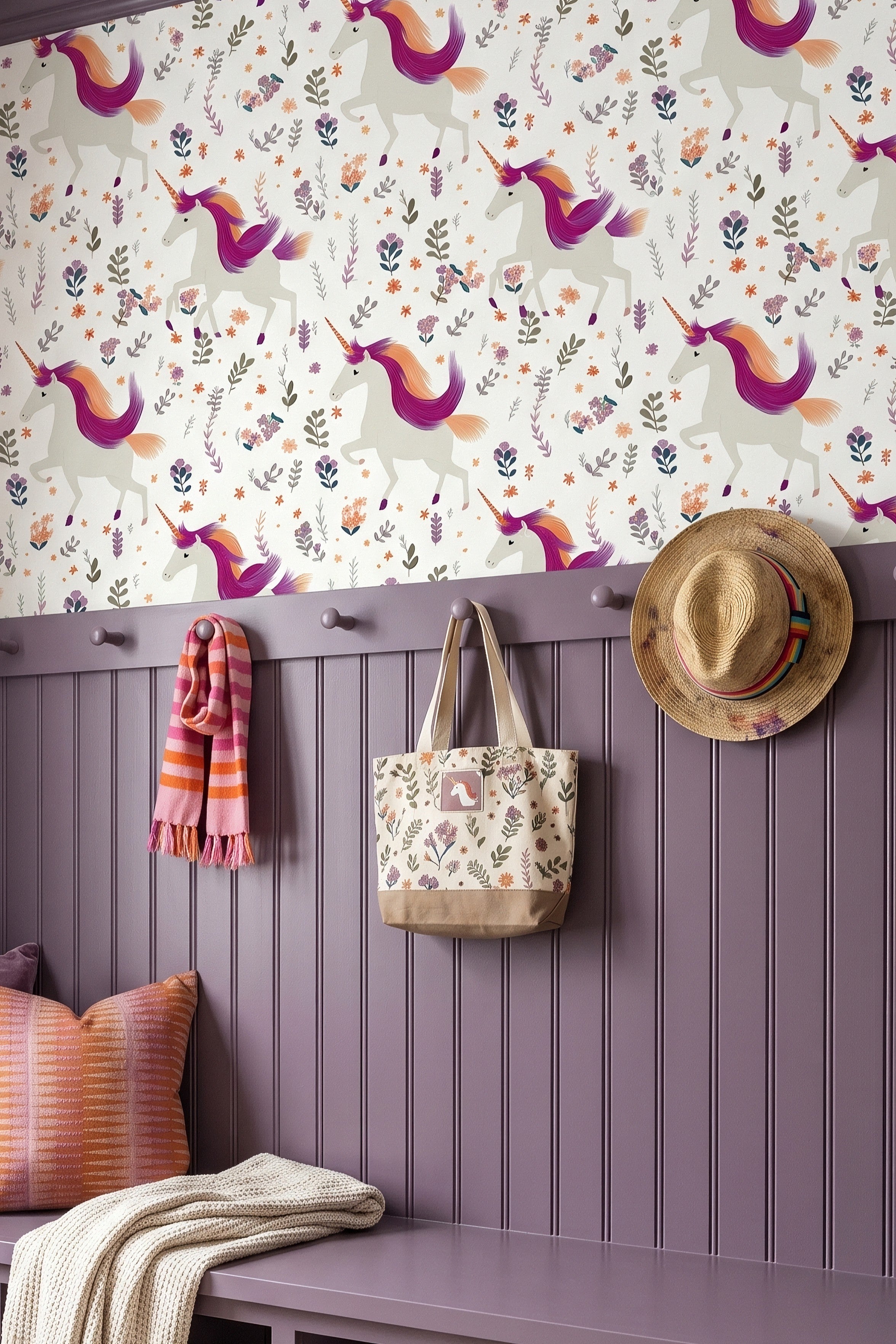 Unicorn Meadow wallpaper shown in a mudroom