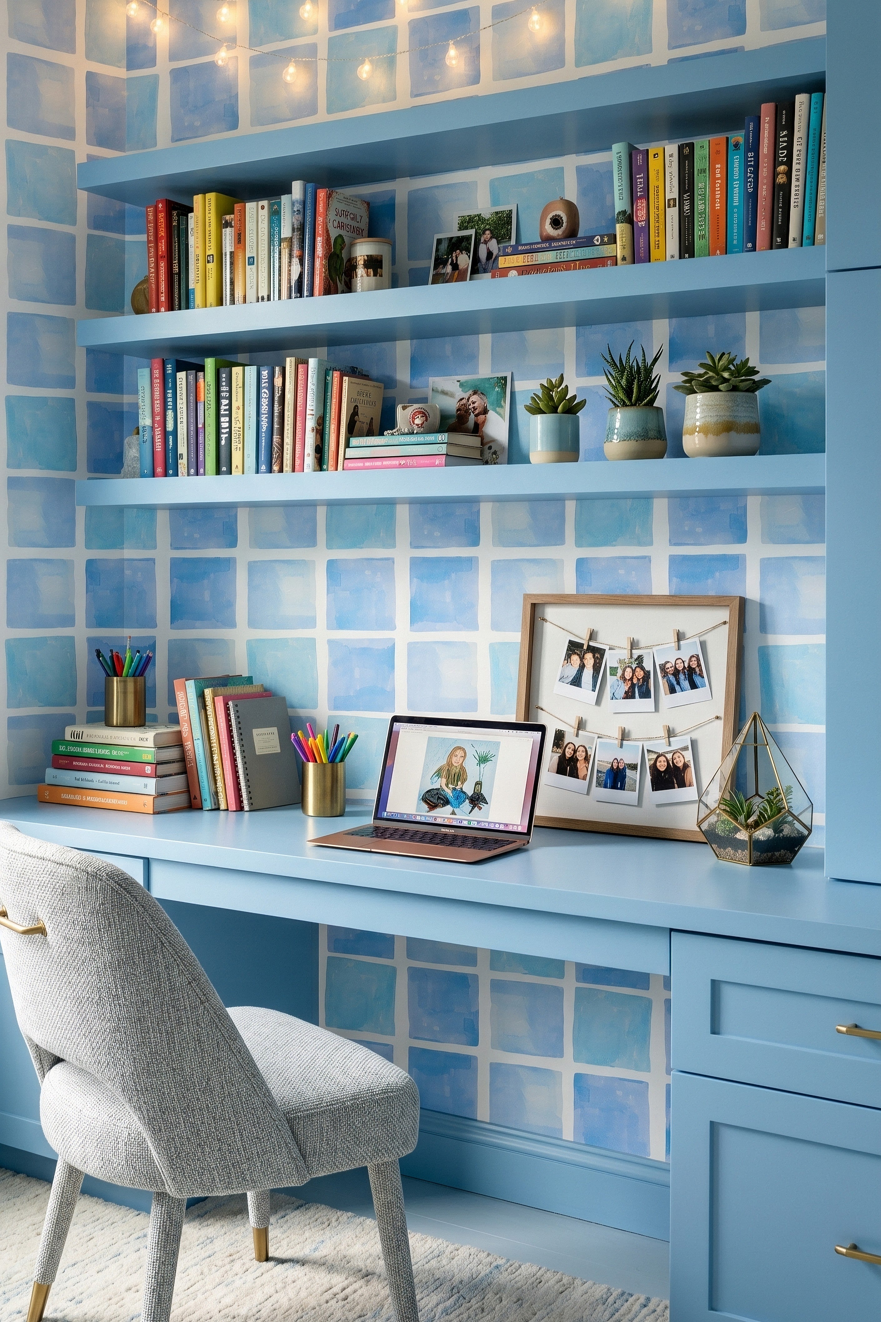 Bathhouse Blue wallpaper shown in a home office