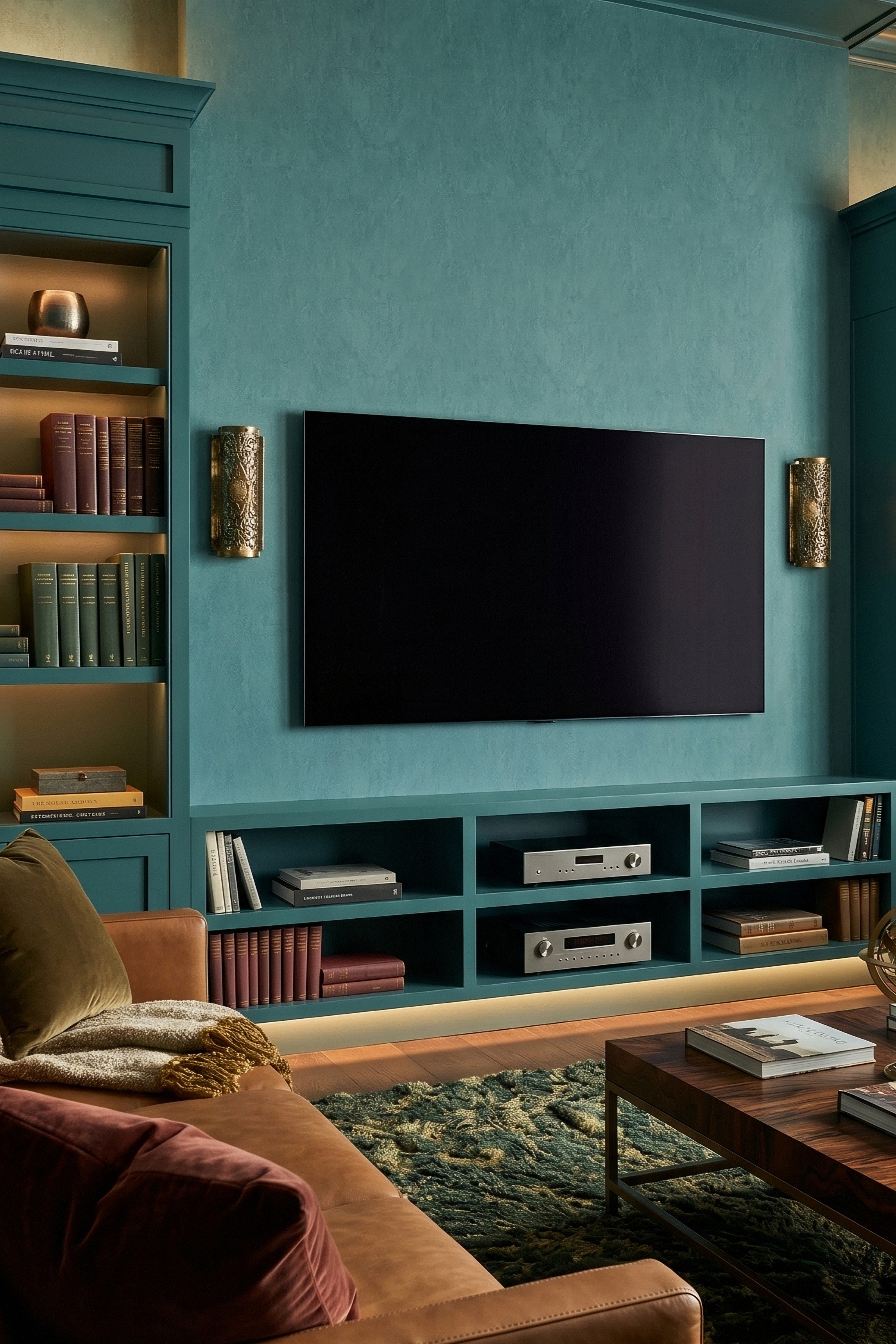 Verdigris wallpaper shown in a media room