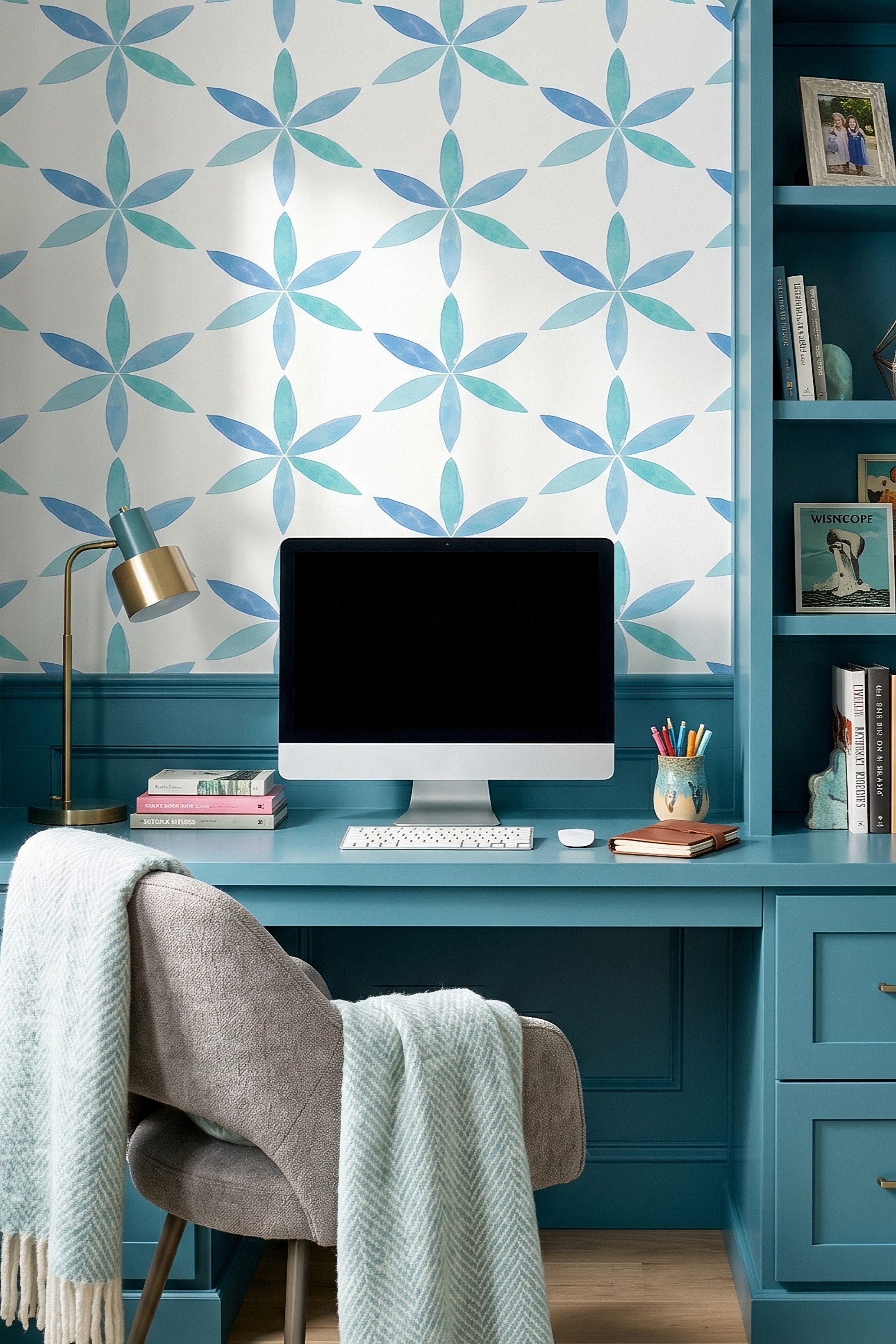 Sea Star wallpaper shown in a home office