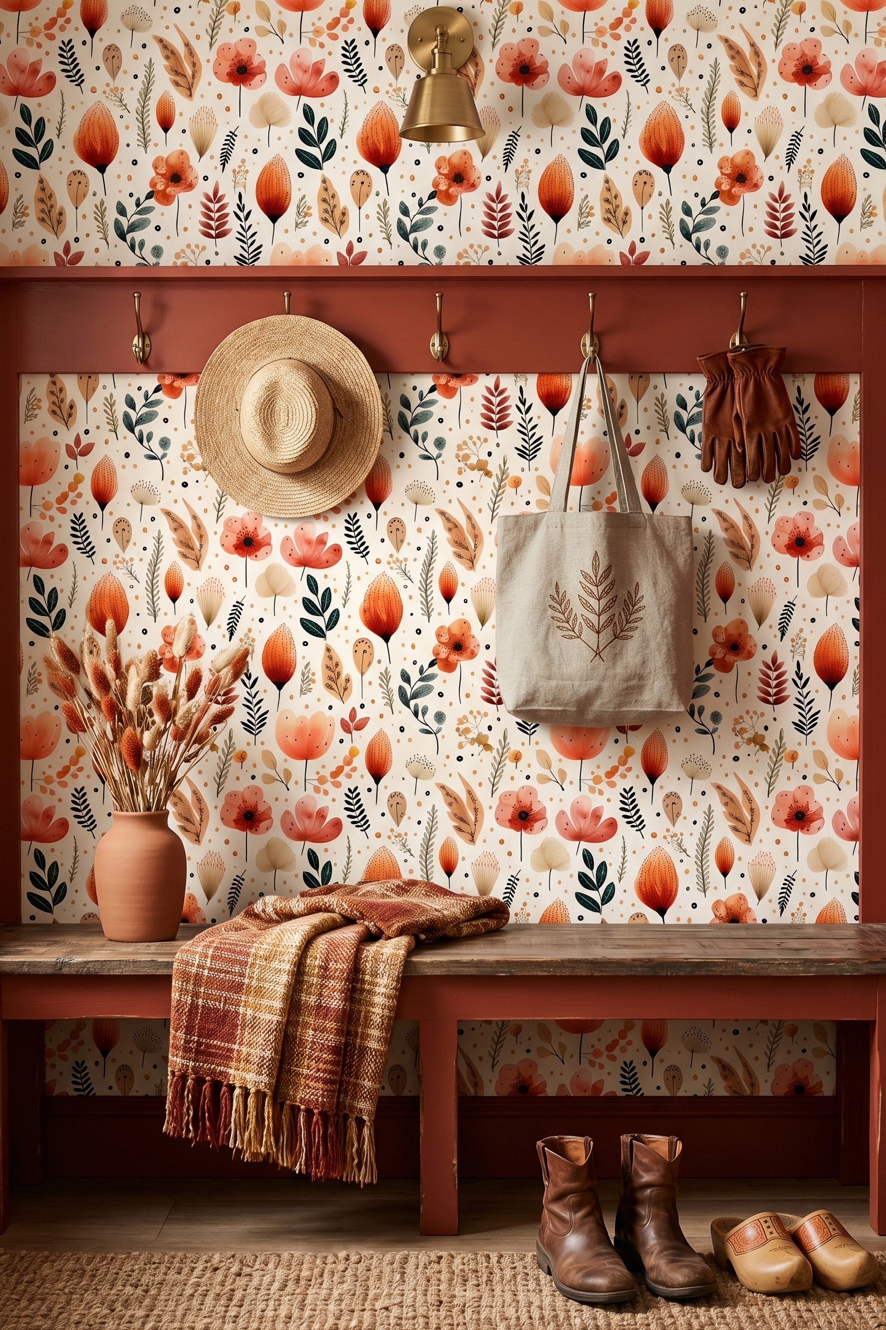 Clay Meadow wallpaper shown in a mudroom