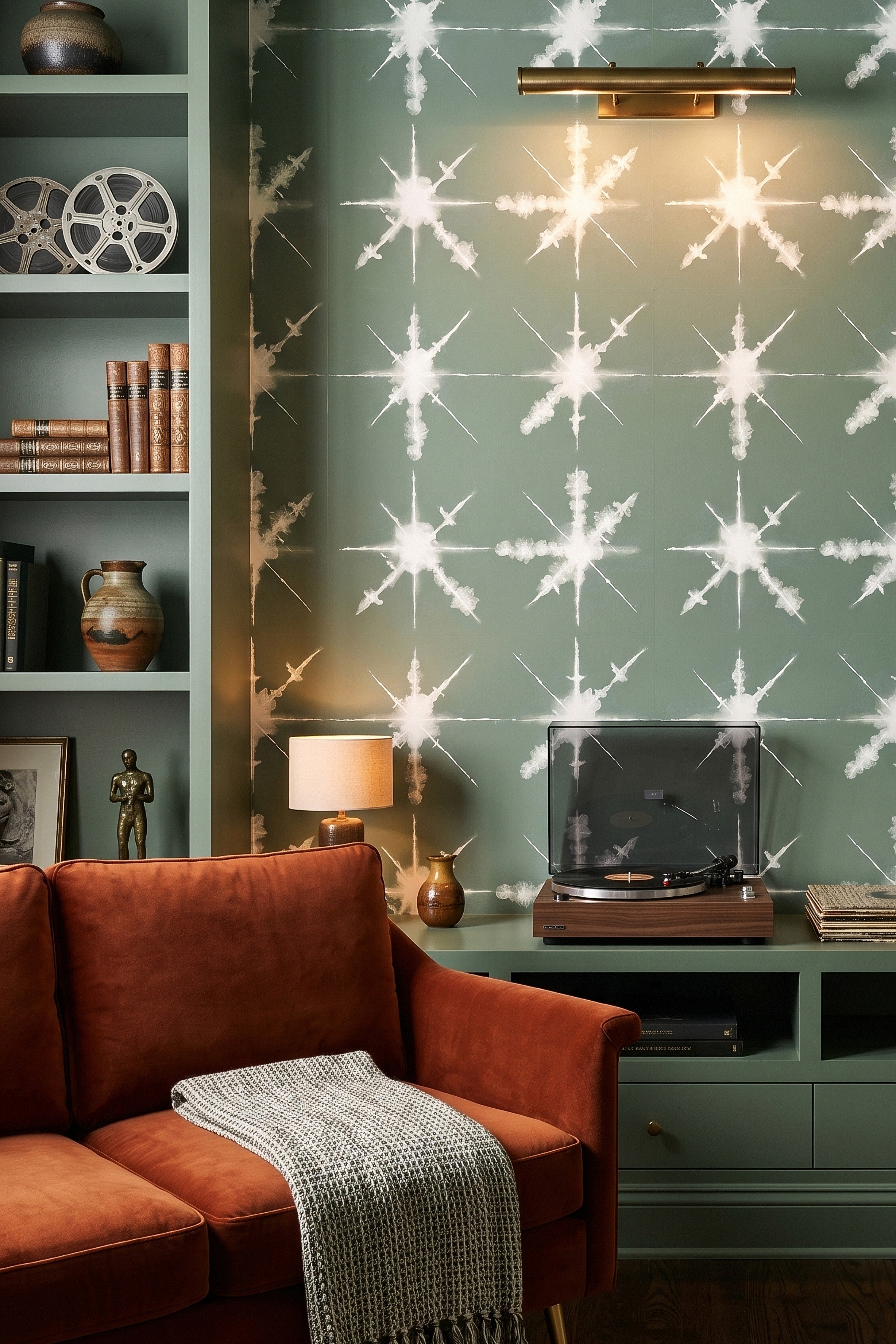 Atomic Sage wallpaper shown in a media room