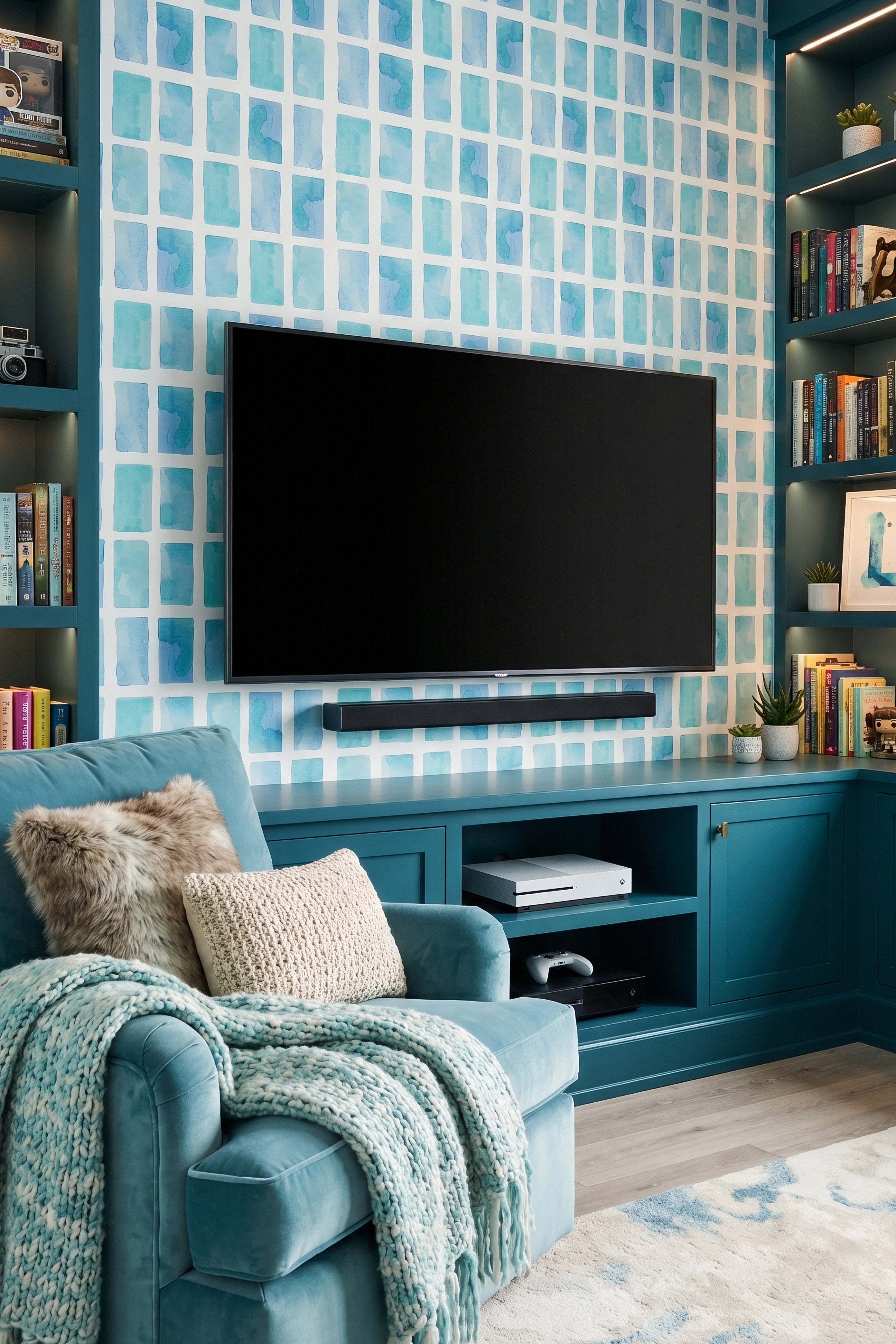 Mosaic Tide wallpaper shown in a media room