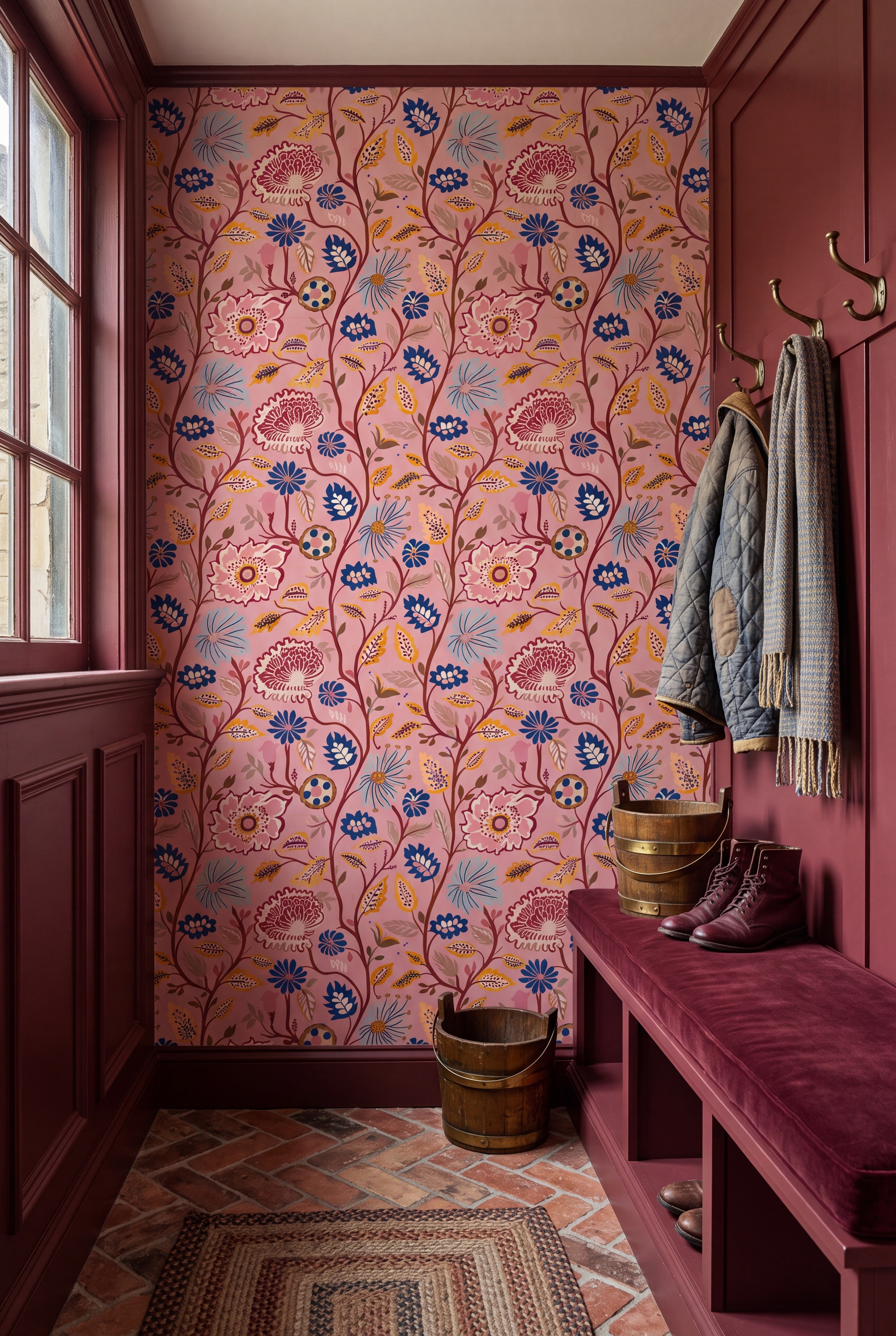 Rosewater Manor wallpaper shown in a mudroom