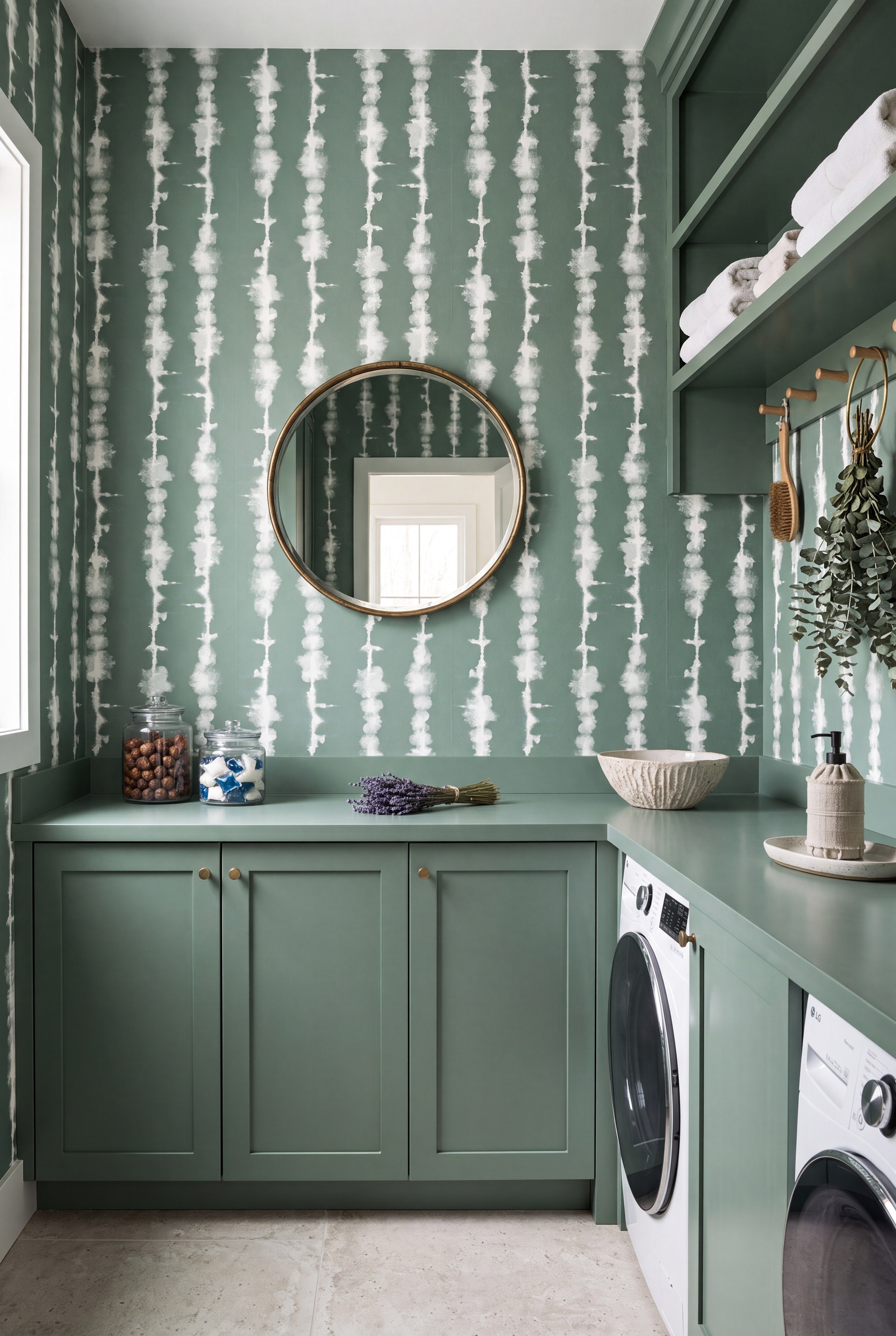 Sage Stripe wallpaper shown in a laundry room