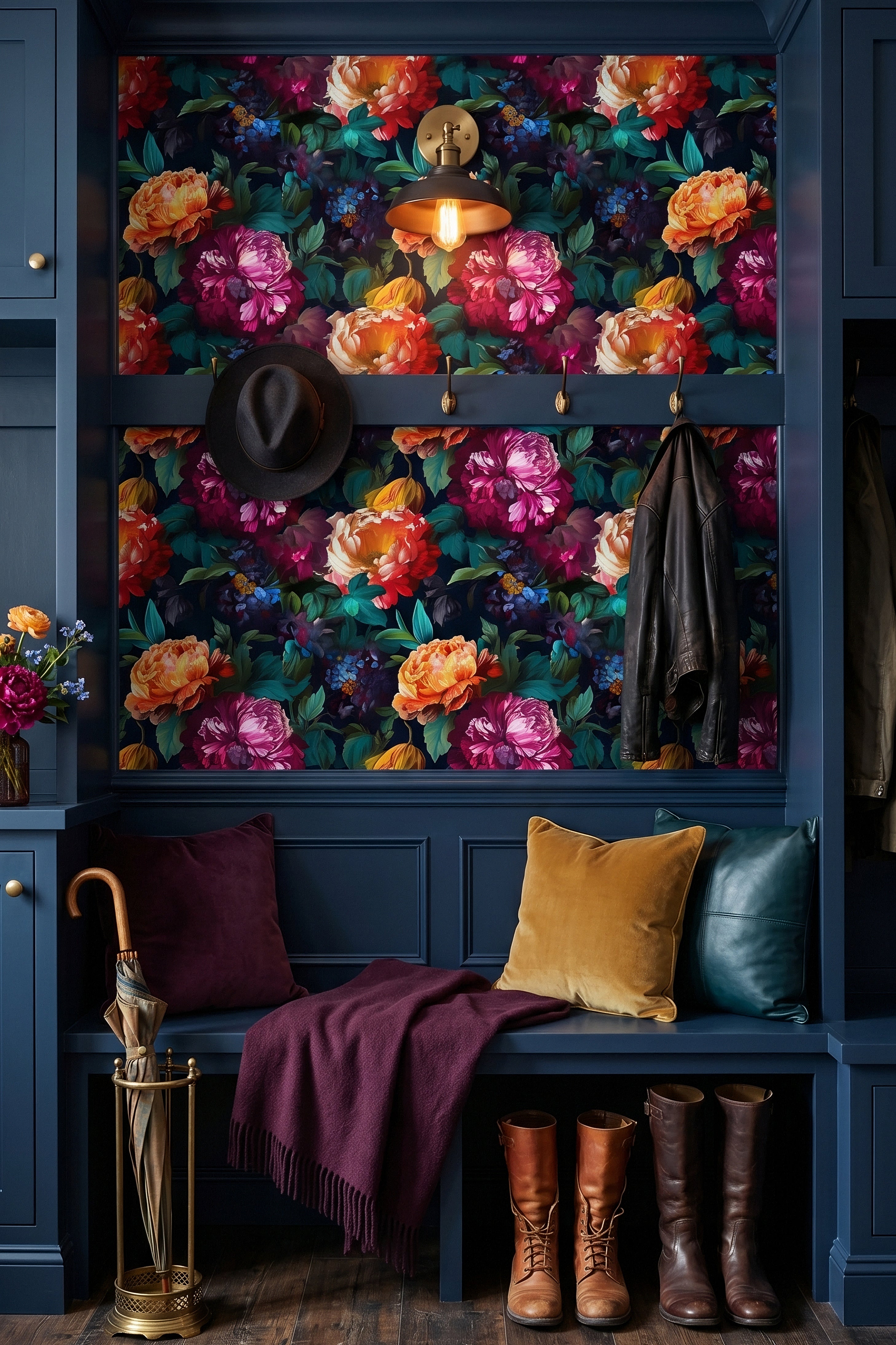 Moonflower wallpaper shown in a mudroom
