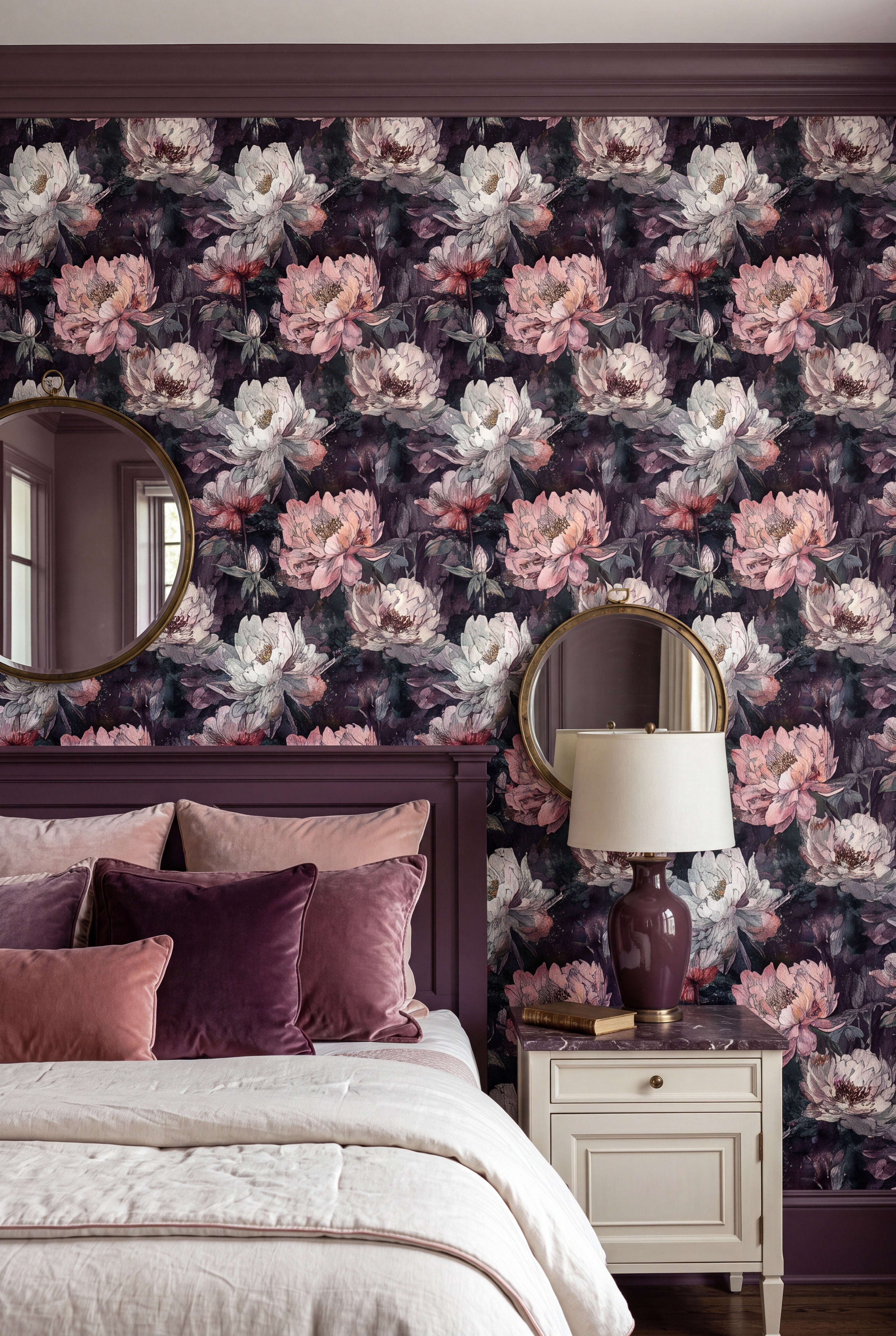 Belladonna wallpaper shown in a bedroom
