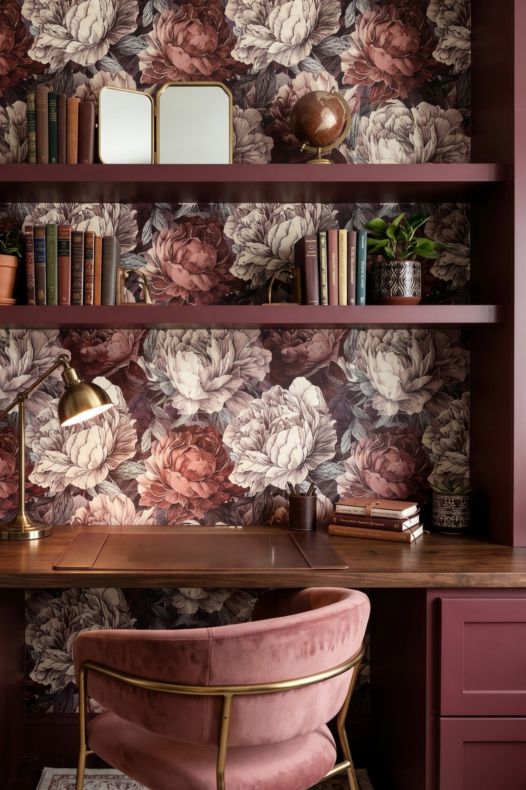 Phantom Peony wallpaper shown in a home office