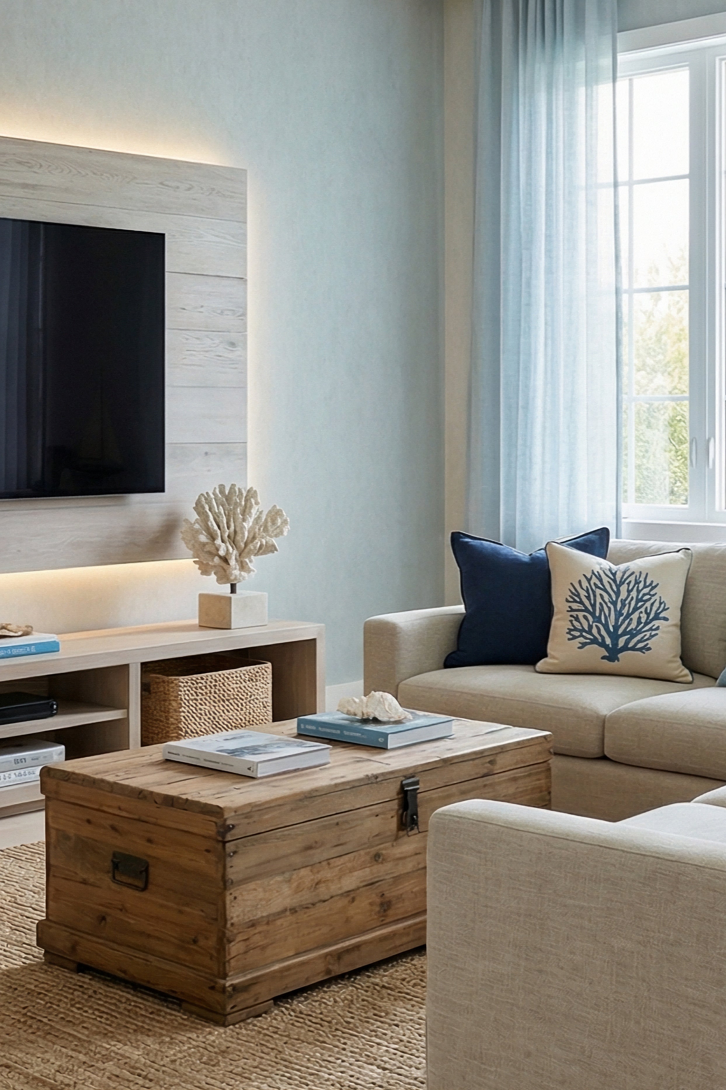 Tide Wash wallpaper shown in a media room
