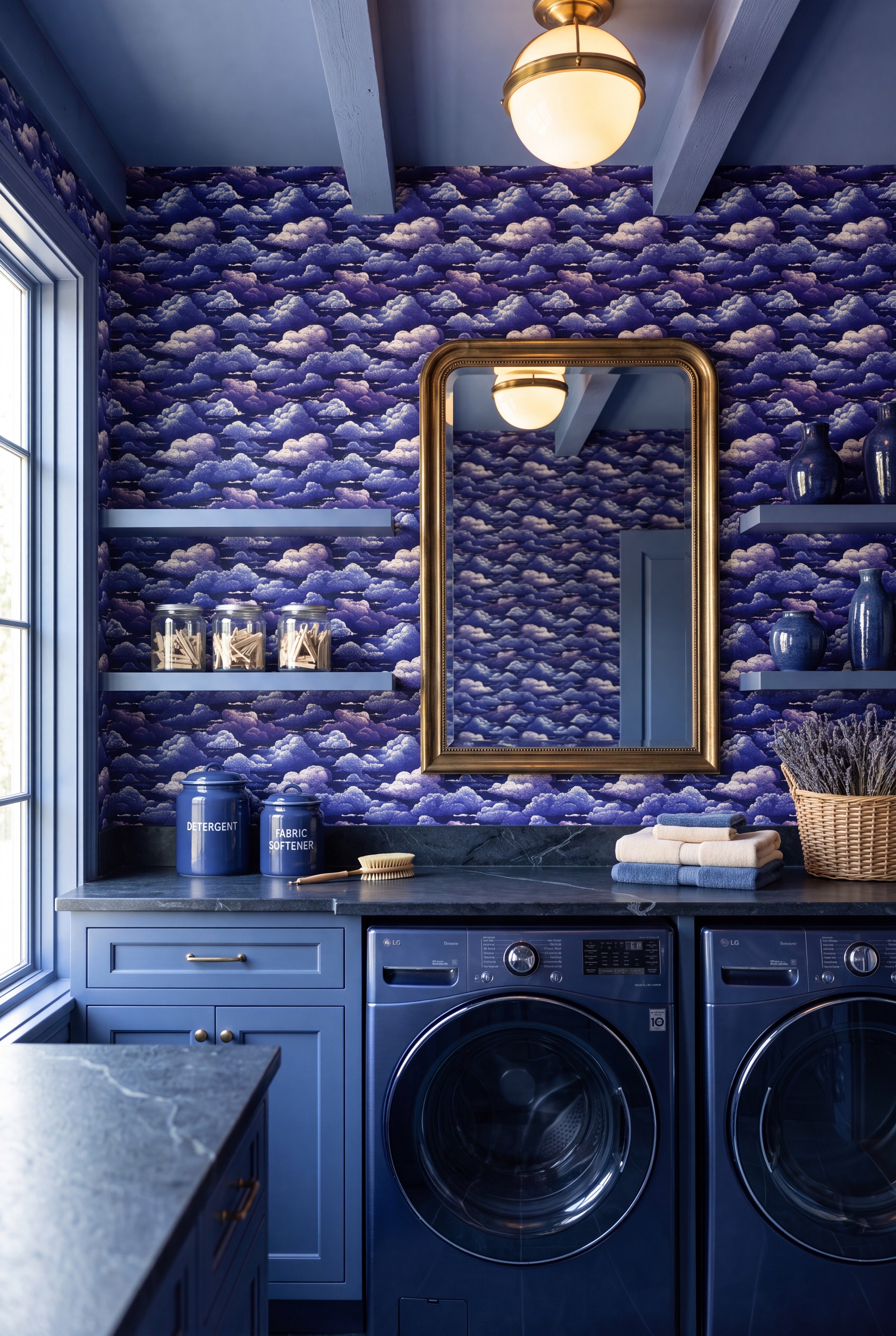 Night Nimbus wallpaper shown in a laundry room