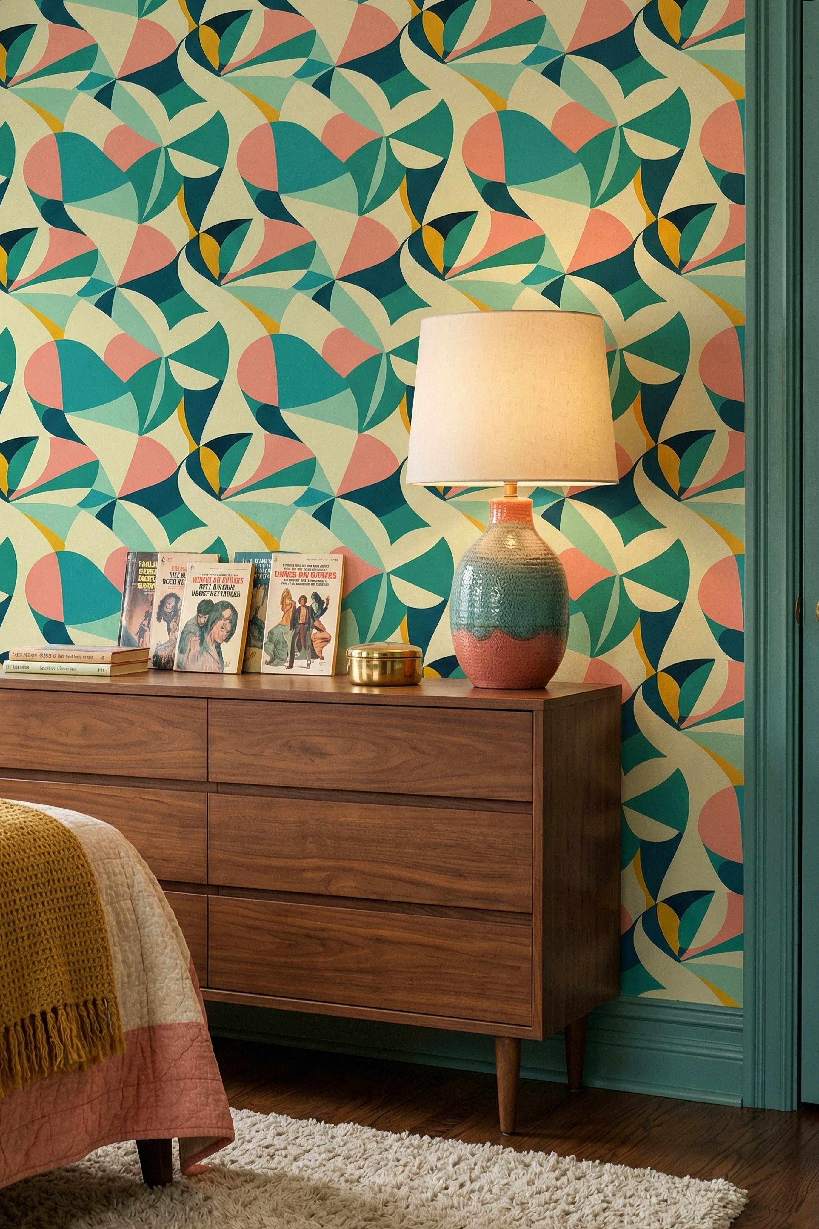 Mod Coral wallpaper shown in a bedroom