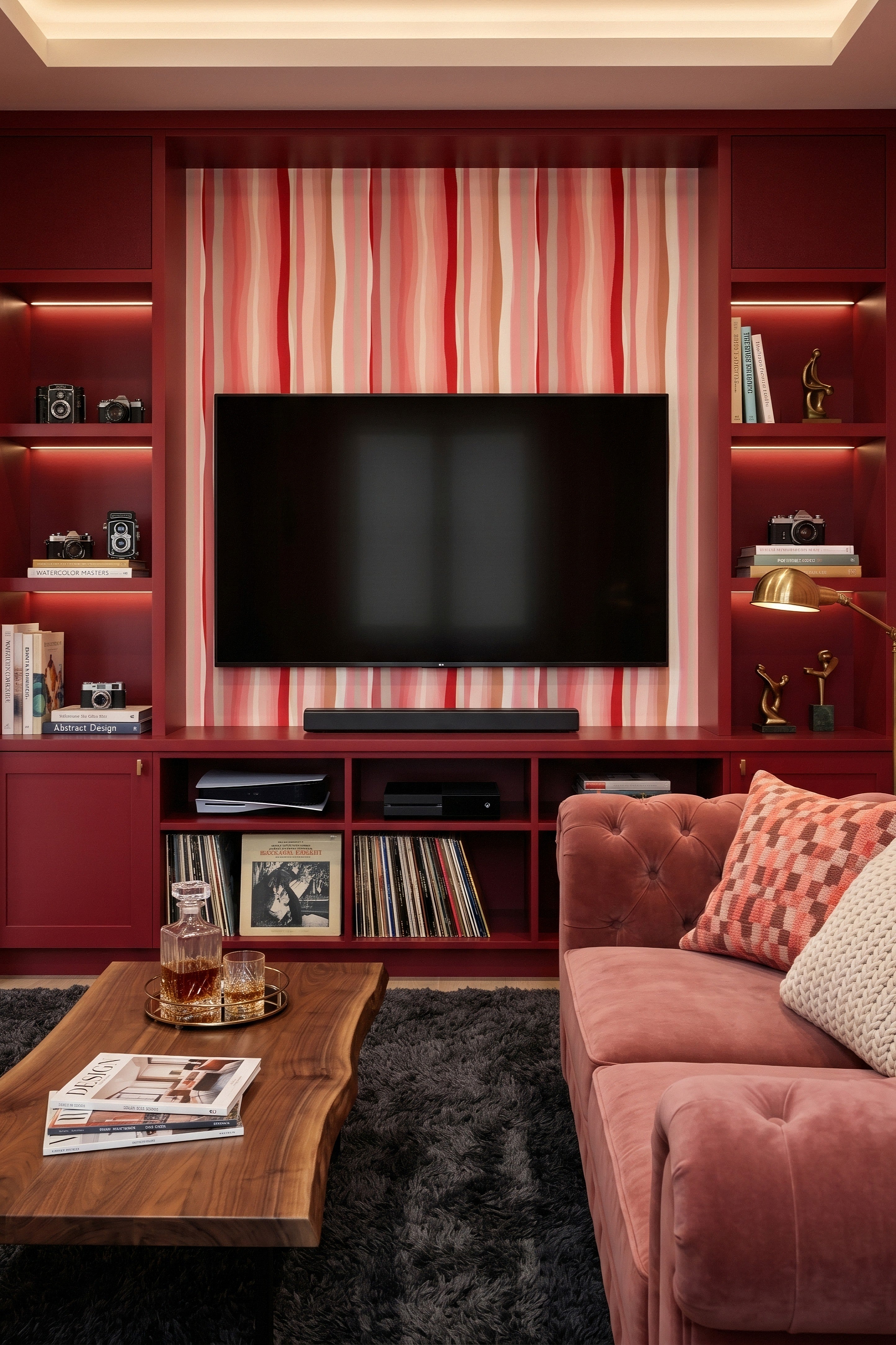 Pink Lemonade wallpaper shown in a media room