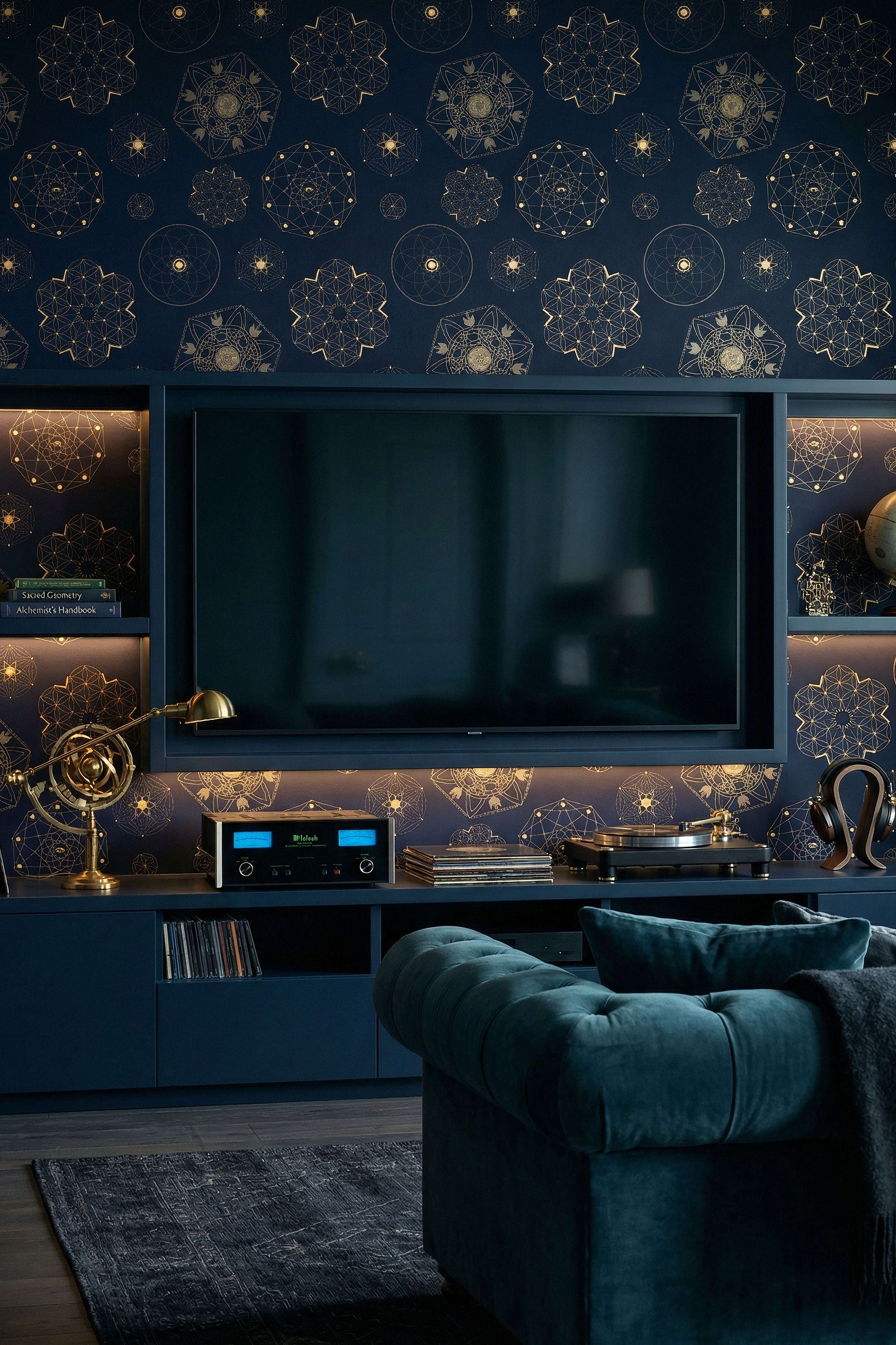 Star Chart wallpaper shown in a media room
