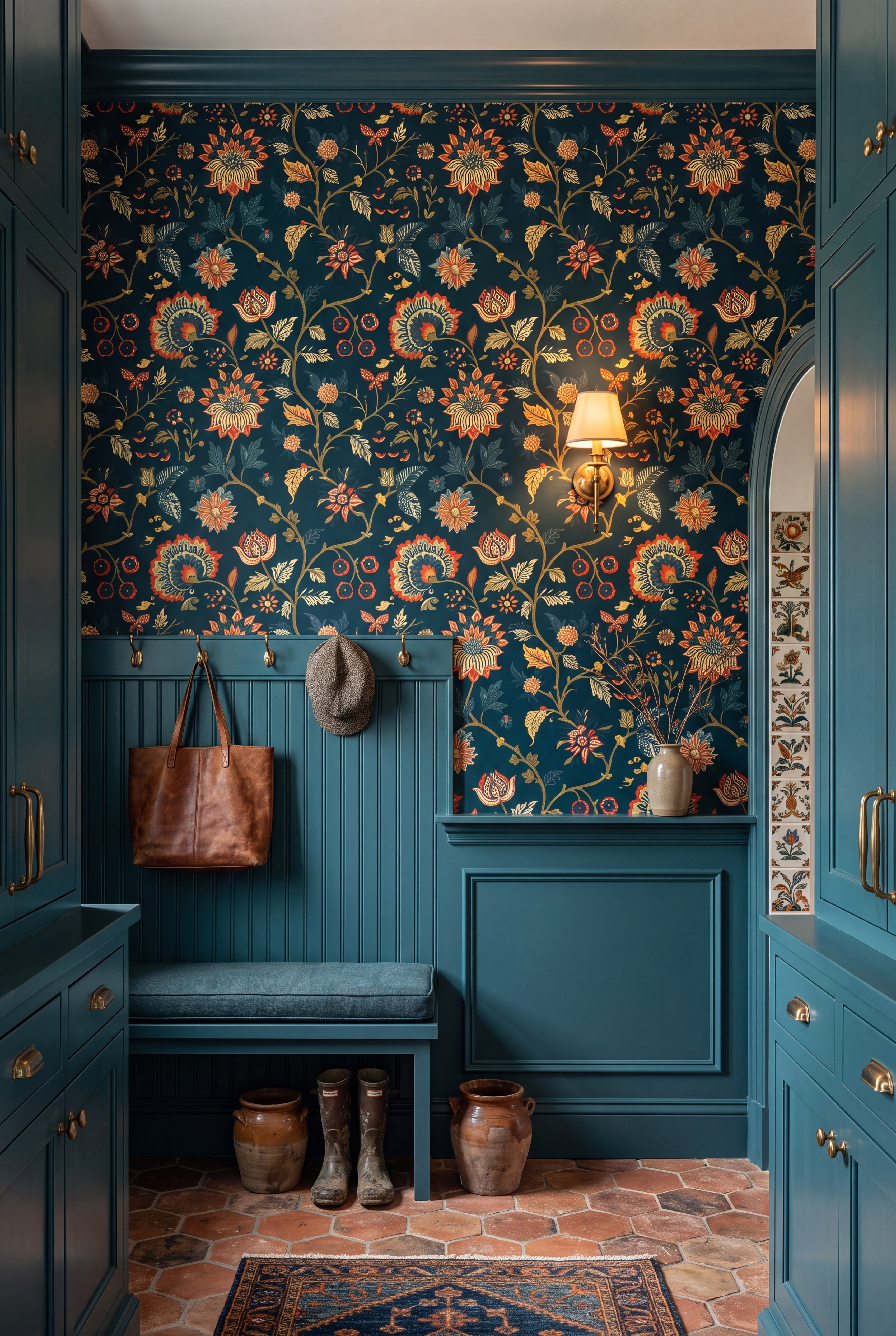 Emerald Arbor wallpaper shown in a mudroom